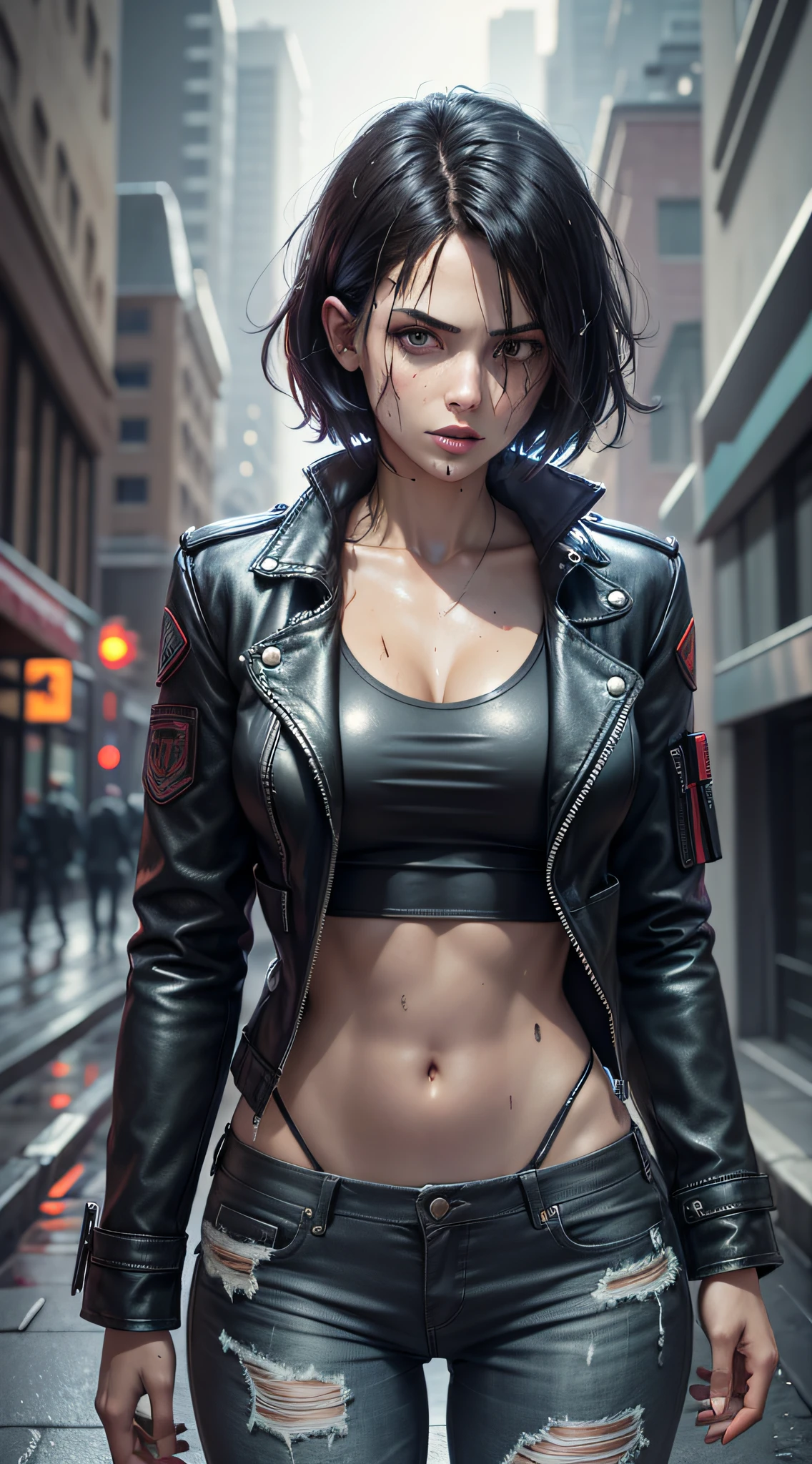 character Leon resident evil, with black leather coat, ripped jeans, walking armed, with black hair scattered and wet, ((full body)),((perfect face)), dark place in city center of raccon city of night destroyed with zombies in the background, Social realism, Realism, ray tracing, reflection light, high quality, high details, super detail, 8k, 16k, best quality --auto --s2