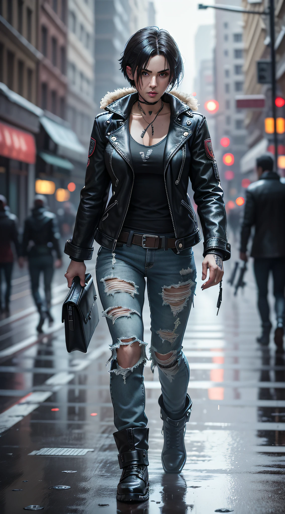 character Leon resident evil, with black leather coat, ripped jeans, walking armed, with black hair scattered and wet, ((full body)),((perfect face)), dark place in city center of raccon city of night destroyed with zombies in the background, Social realism, Realism, ray tracing, reflection light, high quality, high details, super detail, 8k, 16k, best quality --auto --s2