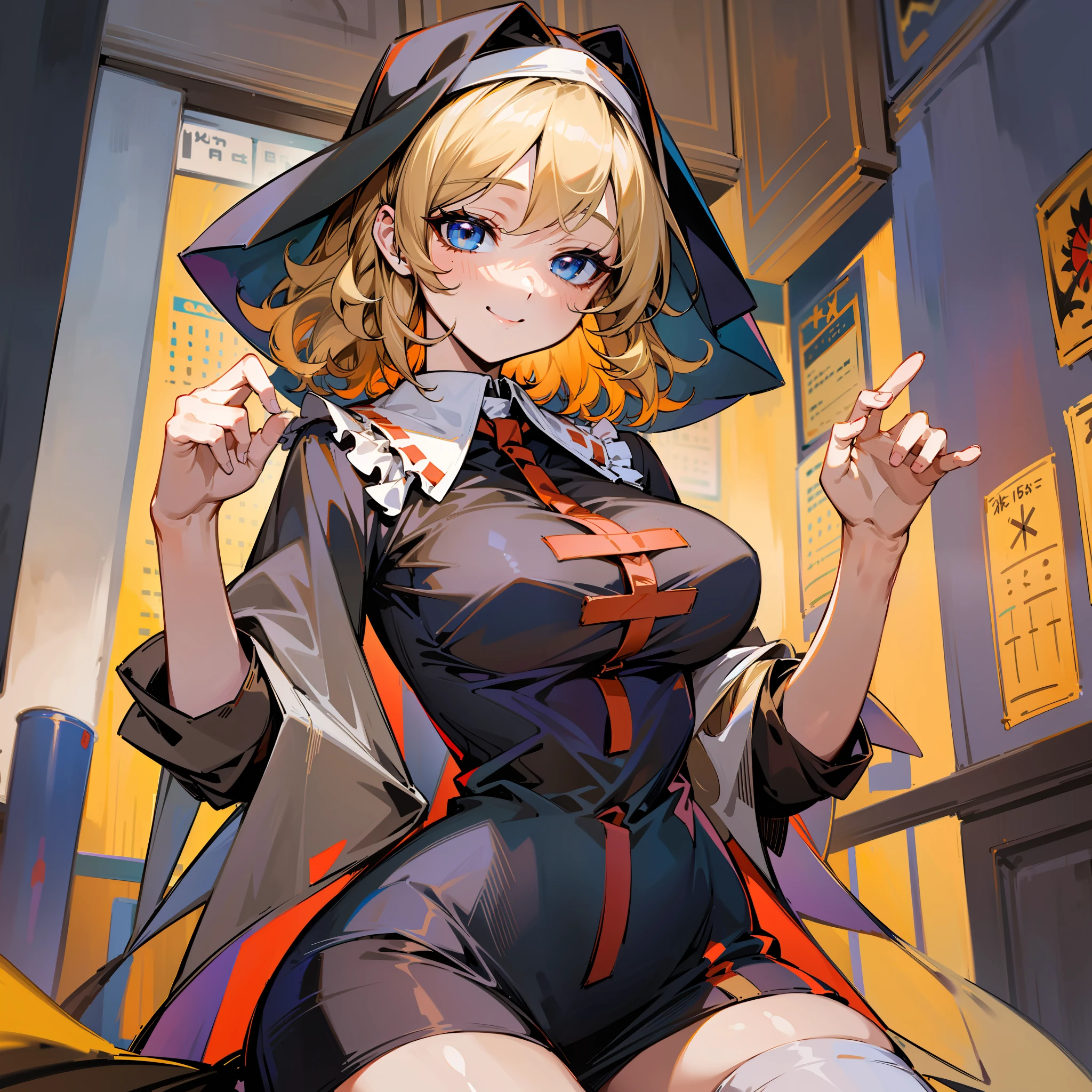 {{{Masterpiece}}}, {{{detailed}}} {{{high Resolution}}}, colorful, {{{cinematic lighting}}}, {{detailed}}, 4K, Touhou, Medicine Melancholy, blonde hair, silver-blue eyes, short hair, wavy hair, semi curly hair, ((nun:1.2)), ((alternate costume)), seductive smile, big breasts, ((multiple renders of the same character: 1.3)), ((character sheet:1.2)), smile:1,