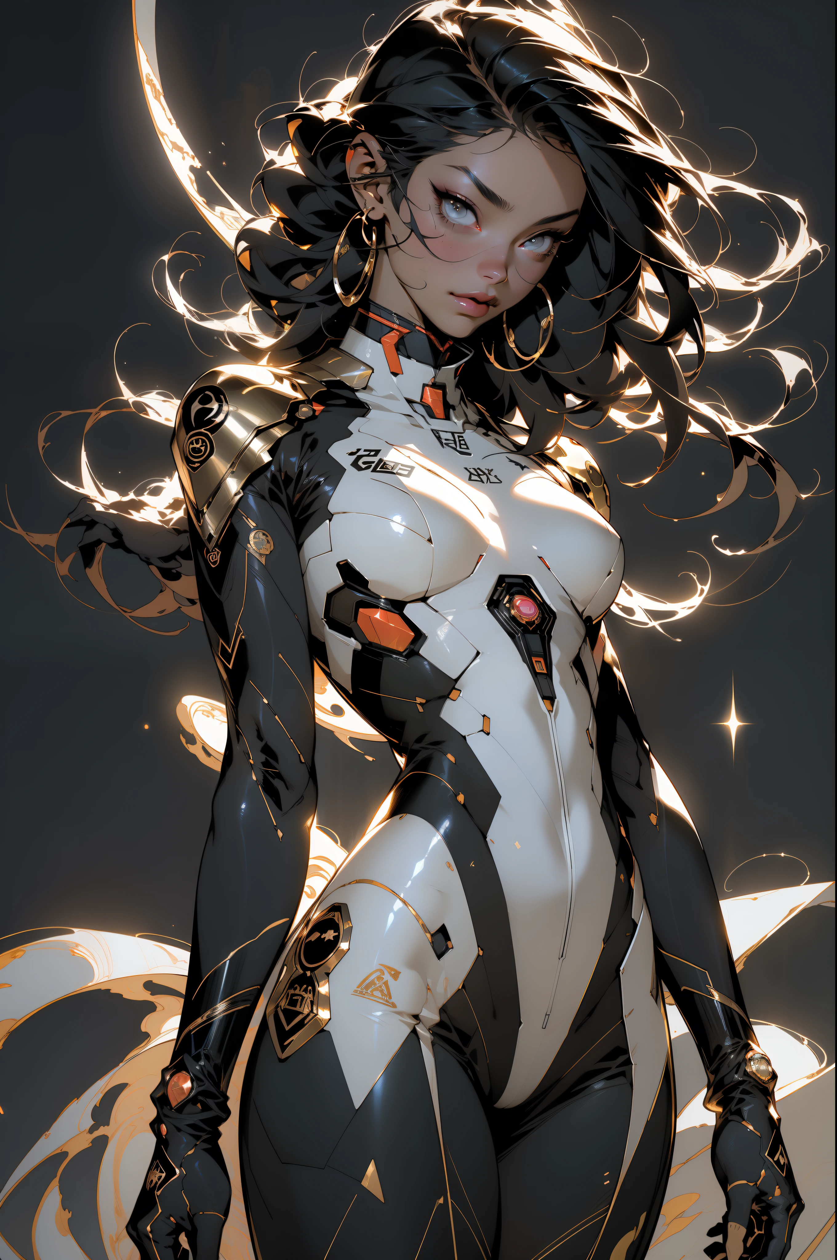 ((Best quality)), ((masterpiece)), (detailed: 1.4), (Absurd), muscular woman of 35 years, black kinetic skin with exposed black muscles, hot woman, sculptural body with defined muscles, closed mouth, muscular body covered by a micro thong, whole body covered by neon Genesis evangelion clothing, ((large breasts)), (eyes with heavy and very black makeup), (((misaligned hair)), (stars covering the body), ((drawings of golden stars on the arms)), very long eyelashes, heavy eye makeup, lots of jewelry, by mucha, niji --V5, close to real, psychopathic, crazy face, sexy pose, background with a giant Gundam style robot head, 2 piece clothing, pastel, centered, scale to fit the dimensions, HDR (High Dynamic Range),Ray Tracing,NVIDIA RTX, Super-Resolution,Unreal 5,Subsurface Dispersion, PBR Texture, Post-processing, Anisotropic Filtering, Depth of Field, Maximum Clarity and Sharpness, Multilayer Textures, Albedo and Specular Maps, Surface Shading, Accurate Simulation of Light-Material Interaction, Perfect Proportions, Octane Render, Two-Tone Lighting, Wide Aperture, Low ISO, White Balance, Rule of Thirds, 8K RAW, Crysisnanosuit