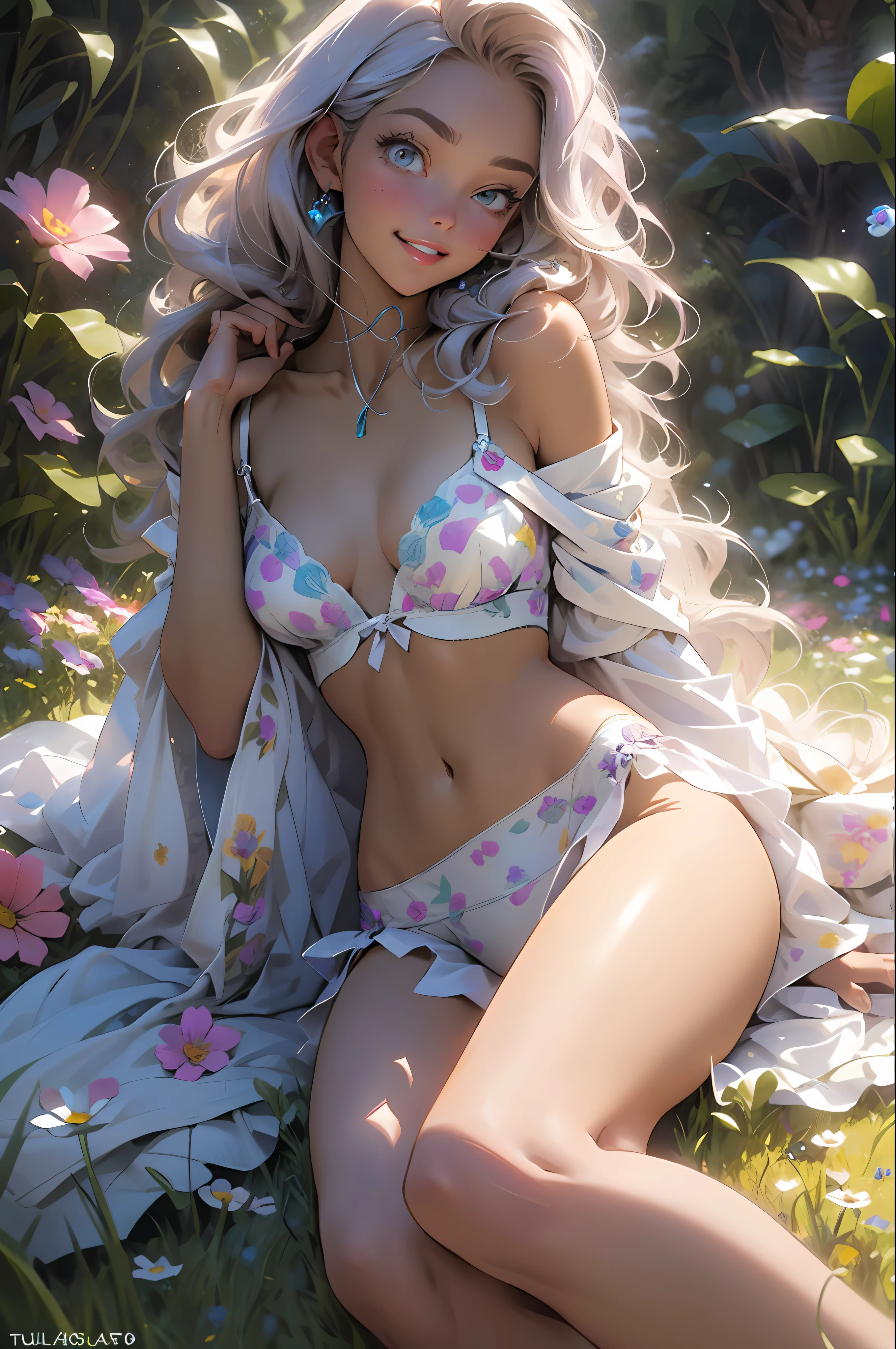 melancholy lighting, quiet, calm, brightness, masterpiece, best quality, 1girl, (JinxLol:1.2), (ultra photorealistic:1.3), (masterpiece:1.4), best quality, ((realistic)), high quality, ultra detailed, ((Real image)), ((realistic skin)), ((realistic face)),(illustration:1.05), (beautiful:1.05), (beautiful detailed eyes:1.05), (cinematic light:1.1), Full body, precise proportions, 18-year-old girl, skinny model lying on the grass, surrounding garden, tree shadow, lilac hair fluttering in the wind, tulle, long legs, feet slightly open, buttocks, blush, shyness, collarbone, abdominals, double weave, beautiful and delicate face, fair skin, real skin, (face detail), pores, super high resolution, 8k, parameters Best quality, masterpiece, super high resolution, (Realistic 2.0), More details, detailed skin, TRANSPARENT PANTIES, wide smile, white teeth, voluminous curly hair, perfect and well designed eyes, girlfriend, beautiful, beautiful, flowers, studio lighting