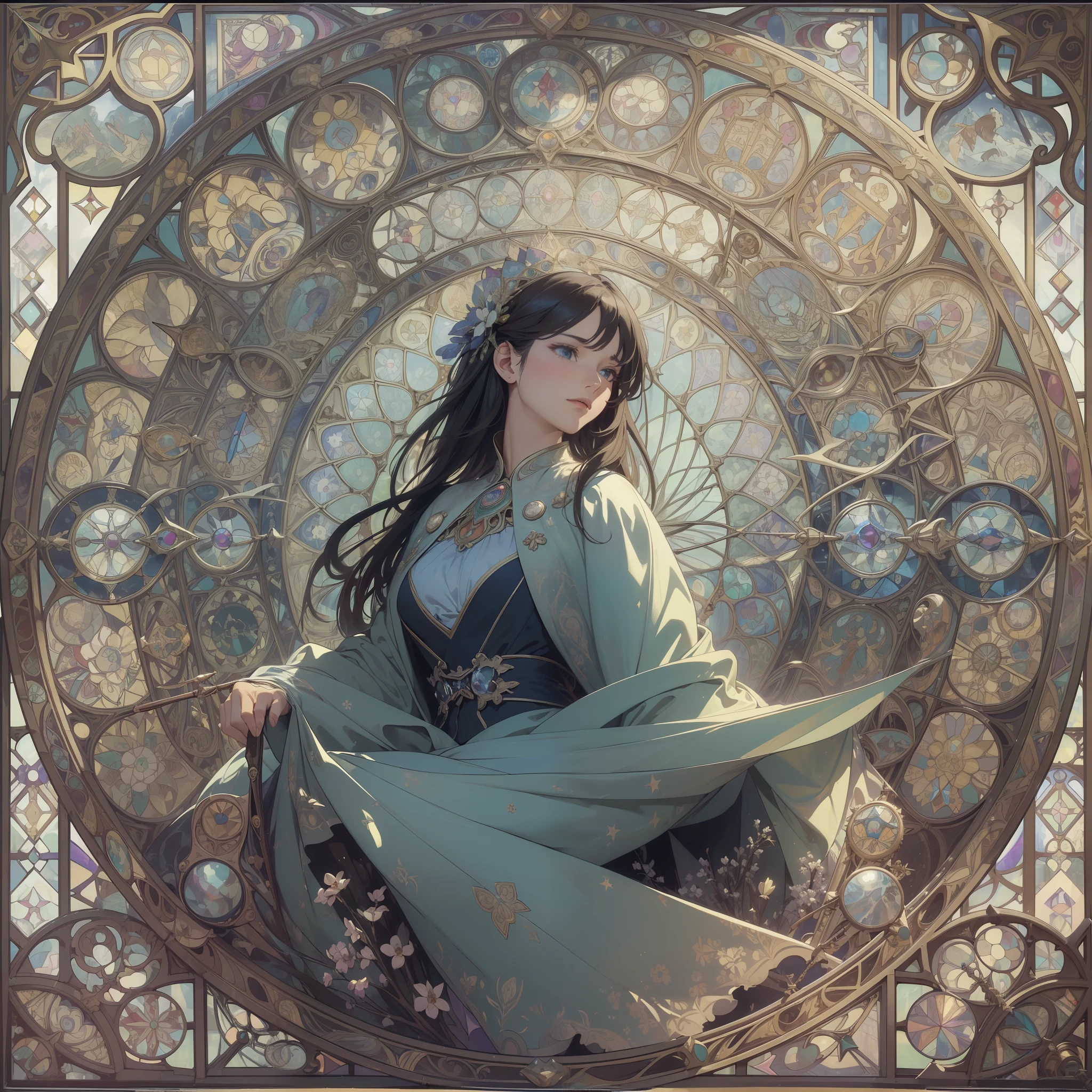 (((highest image quality, best quality, masterpiece, transcendent beauty))), the most detailed skin, realistic, complex backgrounds, cinematic, cowboy shots, women with glass wands, aristocratic clothes, puddles, stained glass, cathedrals, magicians, blue world, sitting, over technology, mechanical and magical world, mandalas, Alphonse Mucha, Bauhaus
