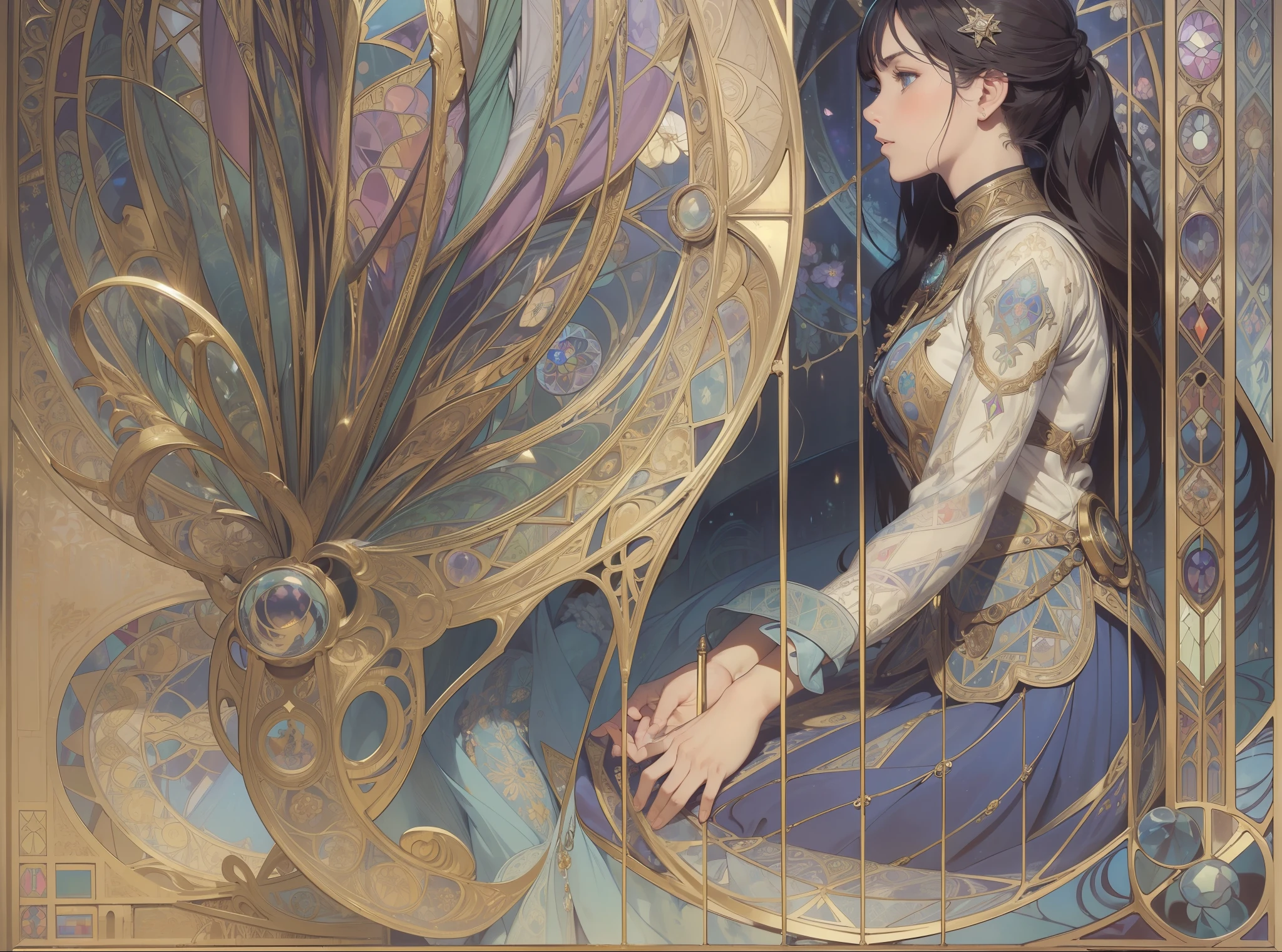 (((highest image quality, best quality, masterpiece, transcendent beauty))), the most detailed skin, realistic, complex backgrounds, cinematic, cowboy shots, women with glass wands, aristocratic clothes, puddles, stained glass, cathedrals, magicians, blue world, sitting, over technology, mechanical and magical world, mandalas, Alphonse Mucha, Bauhaus