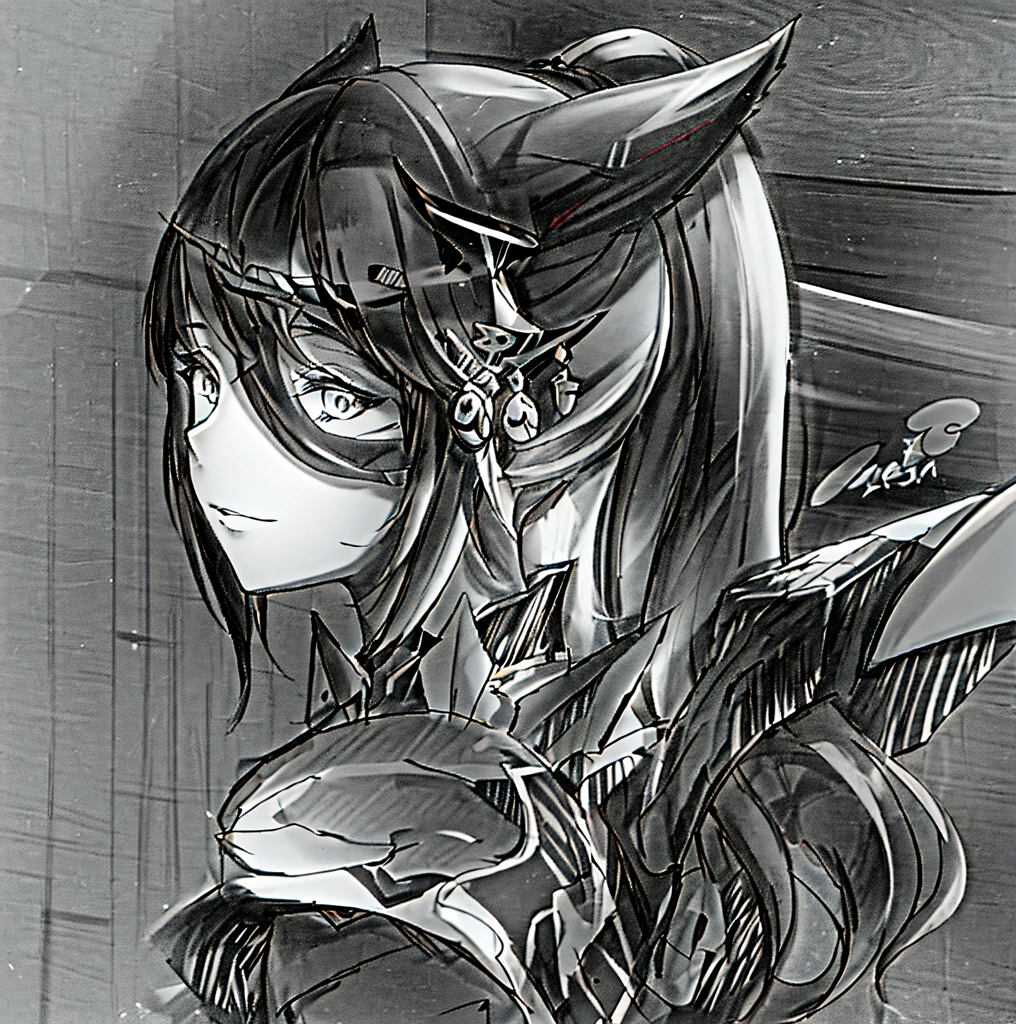 a drawing of a girl with long hair and a cat ears, keqing from genshin impact, anime sketch, ayaka genshin impact, line sketch!!, perfect lineart, lineart, clean lineart, ayaka game genshin impact, zhongli from genshin impact, anime style drawing, clean anime outlines, genshin, bold lineart