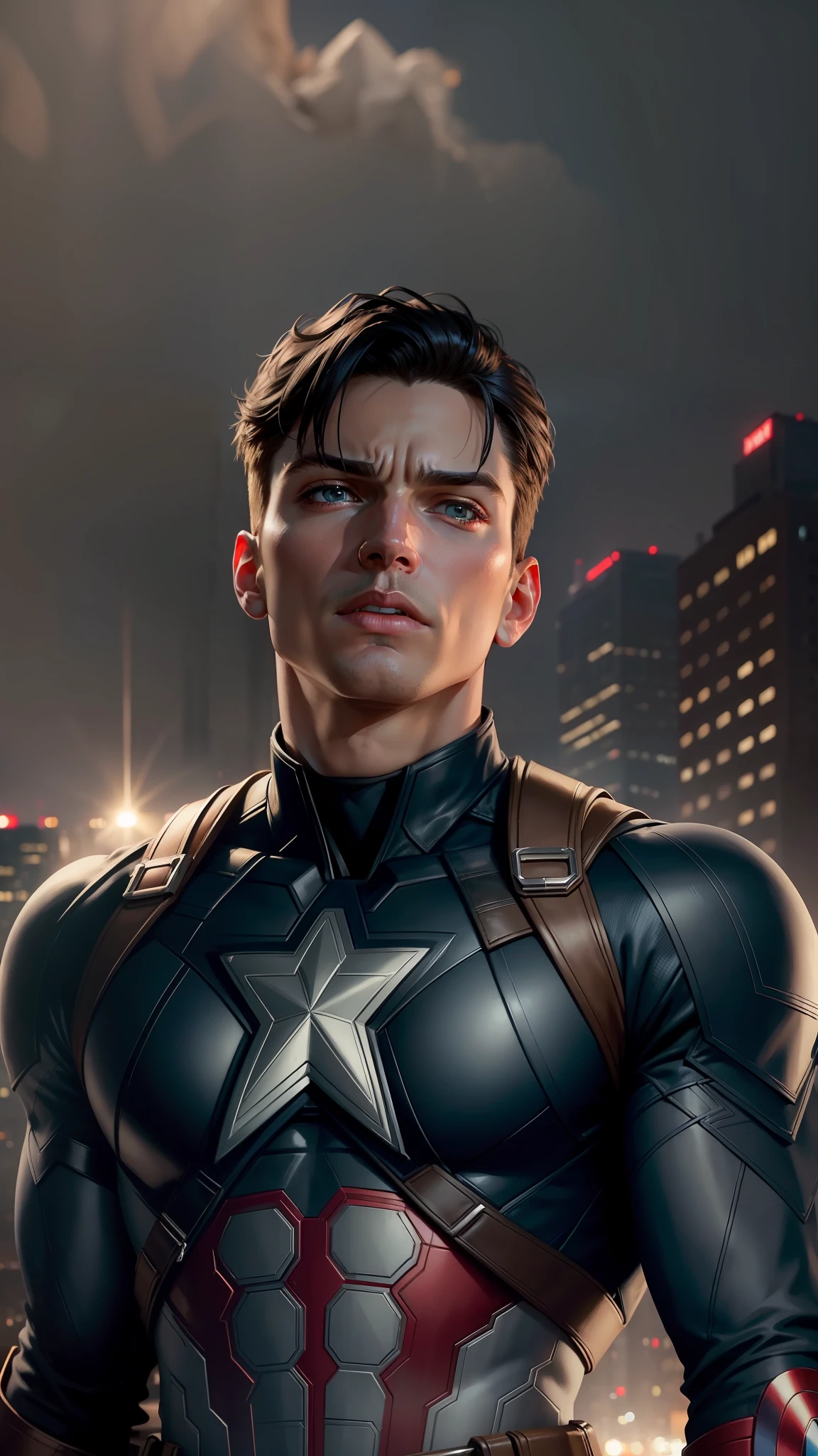 . .boy style like Captain America 8k, high definition, detailed face, detailed face, detailed eyes, detailed suit, Marvel and DC style, hyper-realistic, + cinematic shot + dynamic composition, incredibly detailed, sharpness, details + superb details + night with light + perfectionism + award-winning realism ((soft lighting)) , black hair, brown colored eye