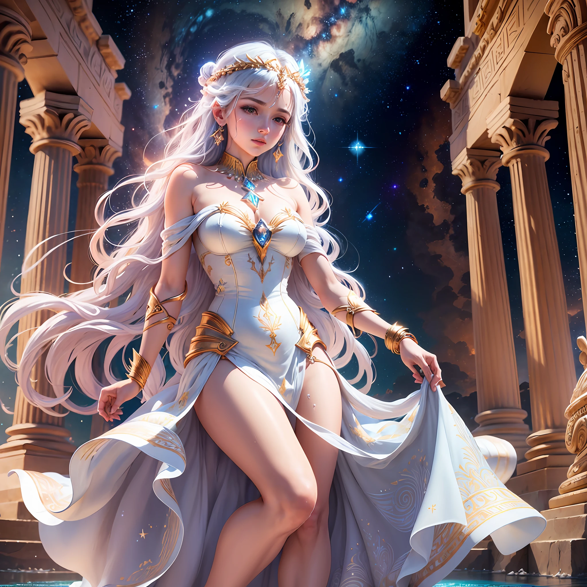 (extremely detailed CG unity 8k wallpaper,masterpiece, best quality, ultra-detailed),best illumination,an extremely delicate and beautiful,,high saturation,ancient Greek mythology,(wide shot),(Andromeda:1.2),white dress,chains, night sky,constellations,crystal clear water,mystical, Greek temple in the distance,pt --auto --s2