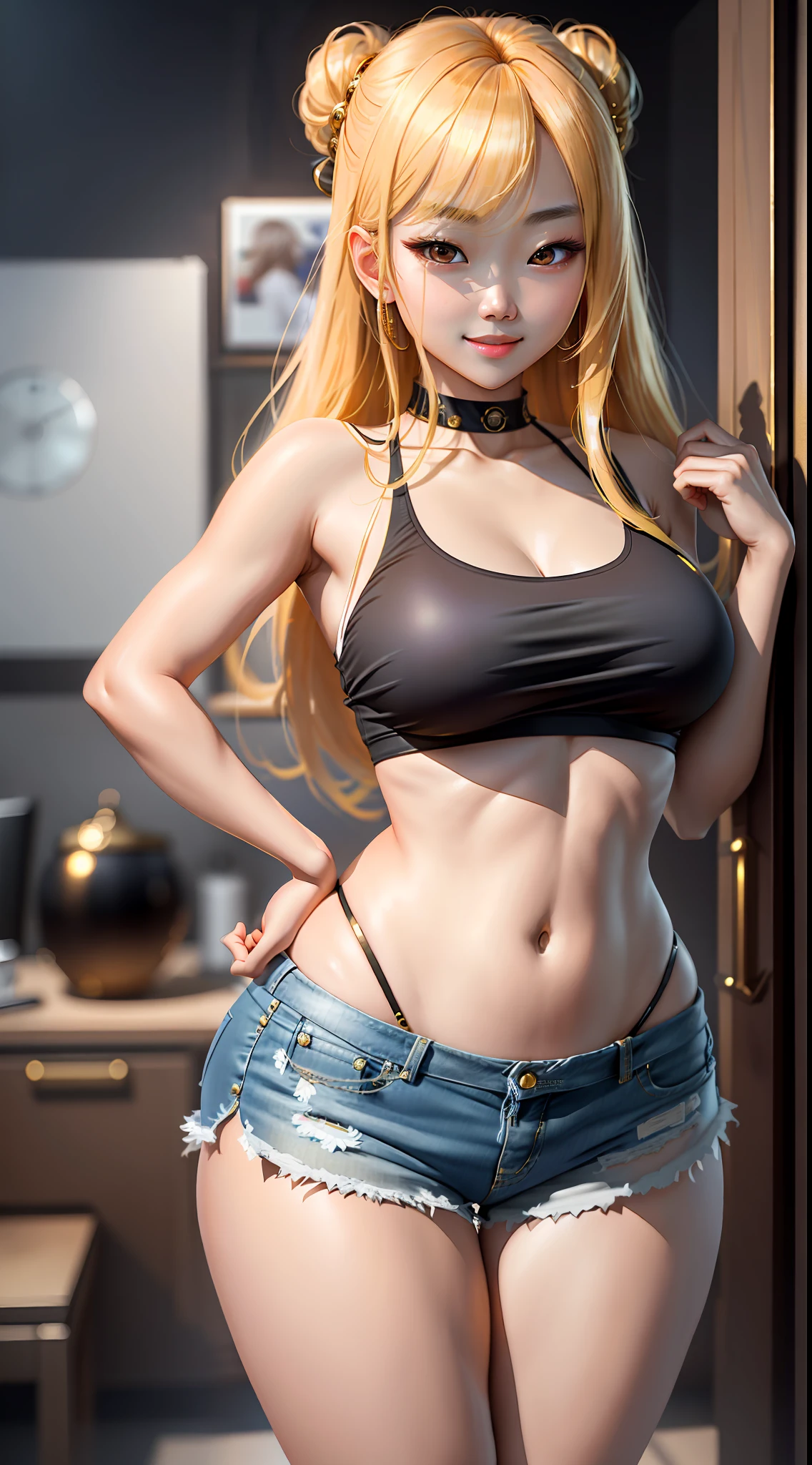 Masterpiece, maximum quality, ultra high resolution, 8k, Korean girl (extremely beautiful), gold colored hair, full body, thin, detailed face, detailed eyes, mischievous smile, wide hips, thick thighs, smooth and soft pellet, wearing micro shorts and micro tank top