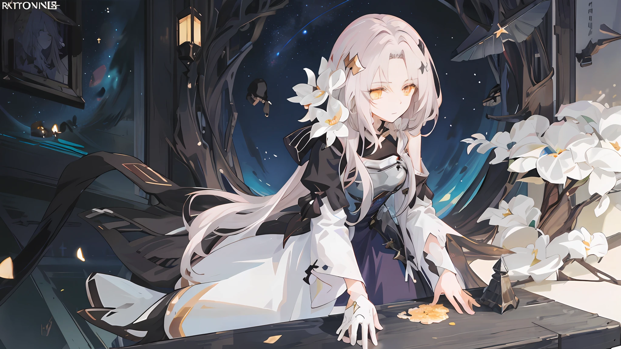 Anime girl long hair, from the night of the ark, fine details. (1girl:1.5+female_character:0.8+sit:1.2+rubble+Arknight, Girls' Frontline: 1.2, highly detailed), (Arknight: 1.2, Girls' Frontline: 1.2, feminine aesthetic), style shadow universe, scene in the universe (outer space), Girl Front. （Artstation:0.8+Pixiv:1.2+Guweiz on Artstation）