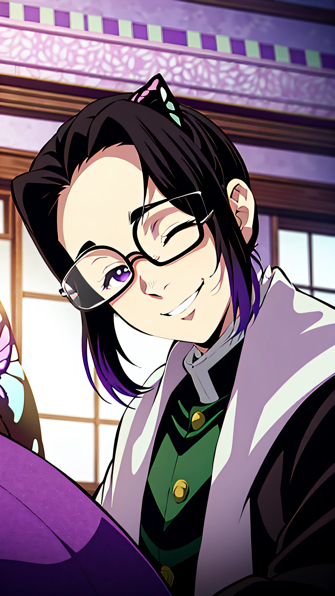 Kimetsu no Yaiba style insect Hashira, young person with purple hair, glasses, black demon slayer uniform, white butterfly patterned cape, head tilted, both eyes closed, smile, at a table in a large room, anime coloring, ((masterpiece))