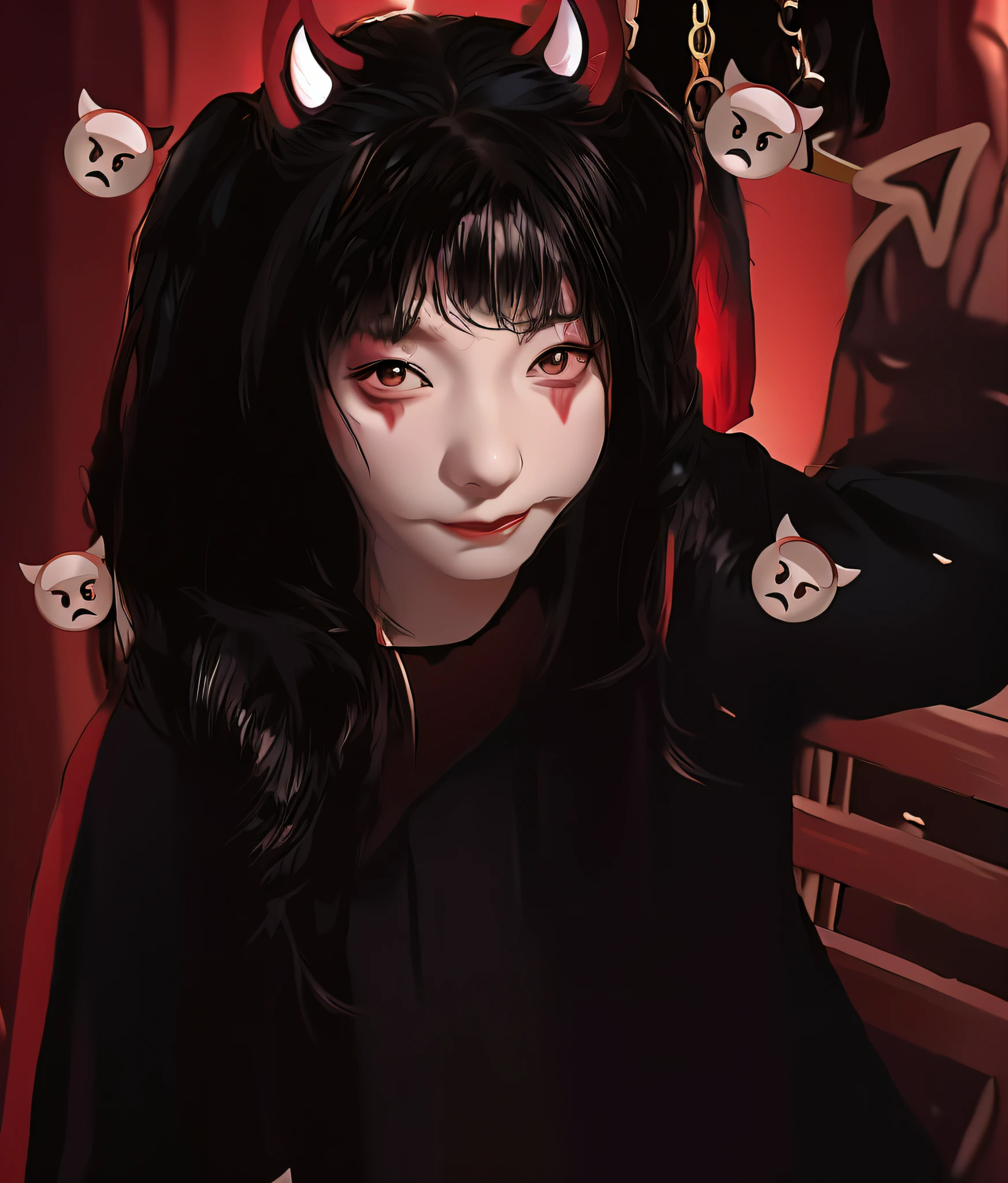 there is a girl with horns and horns on her head, cruel korean goth girl, ulzzang, y 2 k cutecore clowncore, black hime cut hair, she has a cute face, ruan cute vtuber, wan adorable korean face, she has a cute expressive face, hair blackbangs hair, girl with cat ears