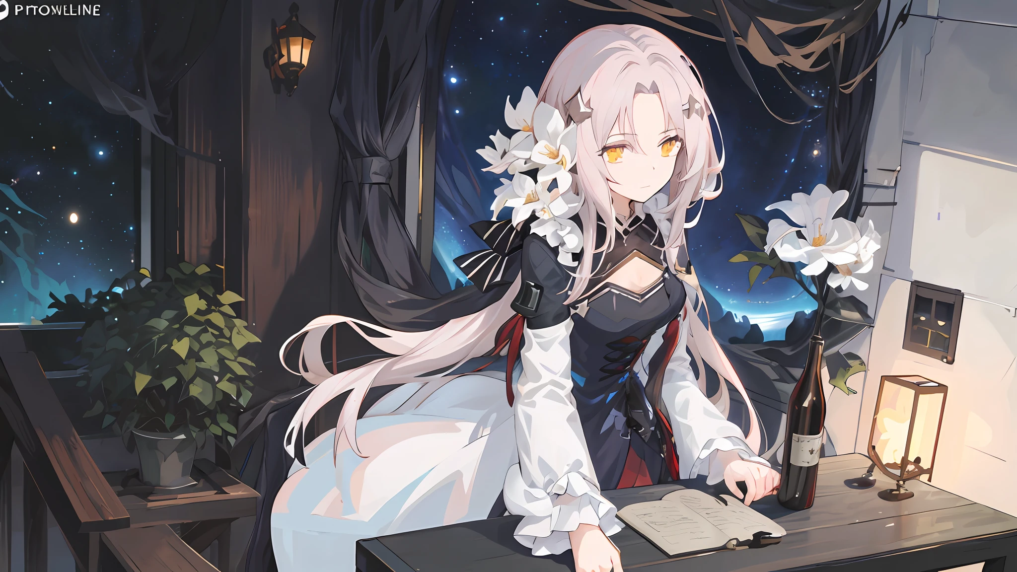 Anime girl long hair, from the night of the ark, fine details. (1girl:1.5+female_character:0.8+sit:1.2+rubble+Arknight, Girls' Frontline: 1.2, highly detailed), (Arknight: 1.2, Girls' Frontline: 1.2, feminine aesthetic), style shadow universe, scene in the universe (outer space), Girl Front. （Artstation:0.8+Pixiv:1.2+Guweiz on Artstation）
