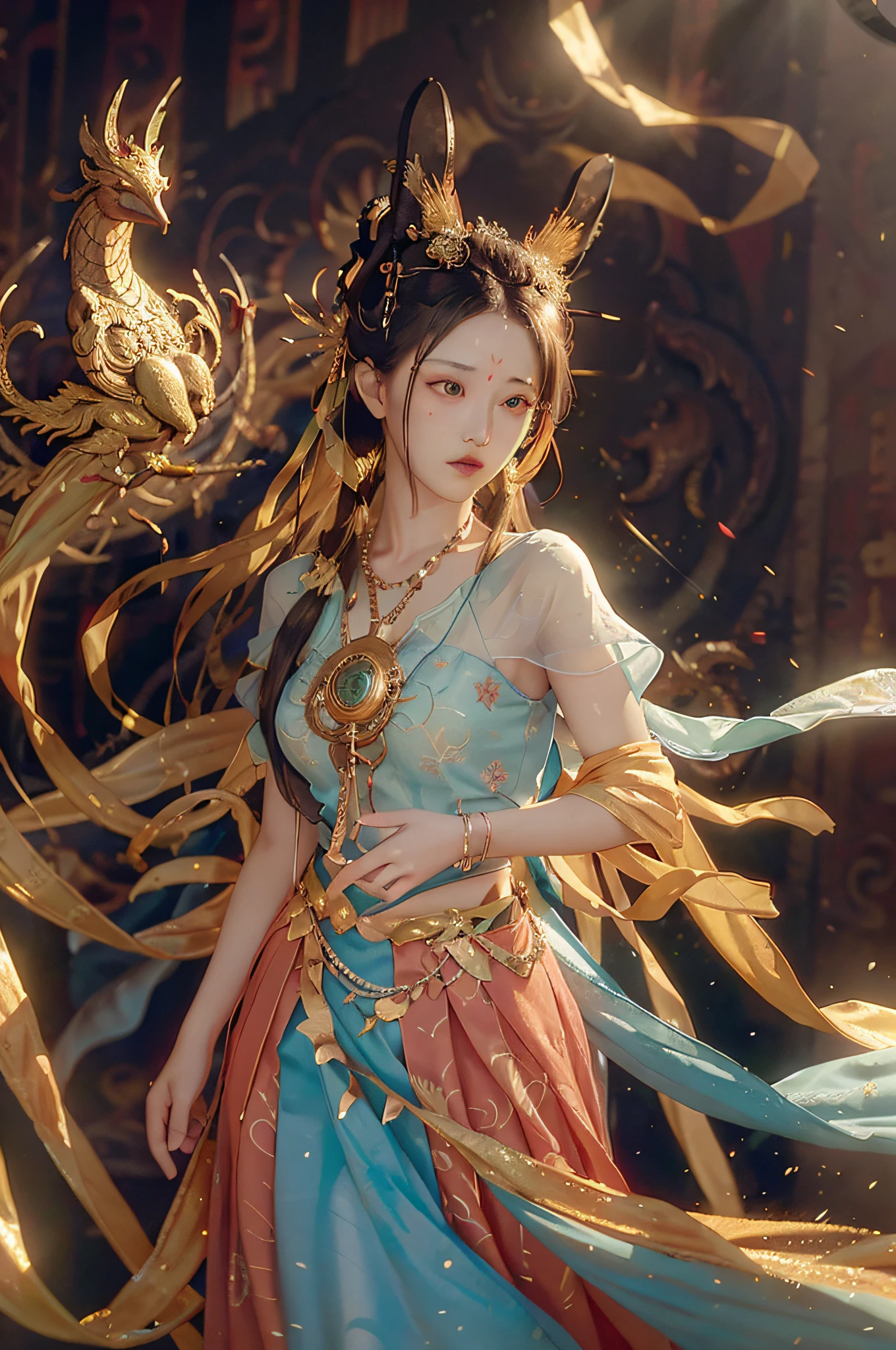 (RAW Photo, Best Quality), (Realistic, Photo Realistic: 1.3), Best Quality, Highly Detailed, Masterpiece, Hyper Detail, Illustration, 1 Girl, upper_body, Dynamic Angle, World Masterpiece Theater, messy_long_hair, Best Quality, Extremely Detailed CG Uniform 8k Wallpaper, Ink, Amazing, Cinematic Lighting, lens_flare,,dunhuang_style Dragon and Phoenix