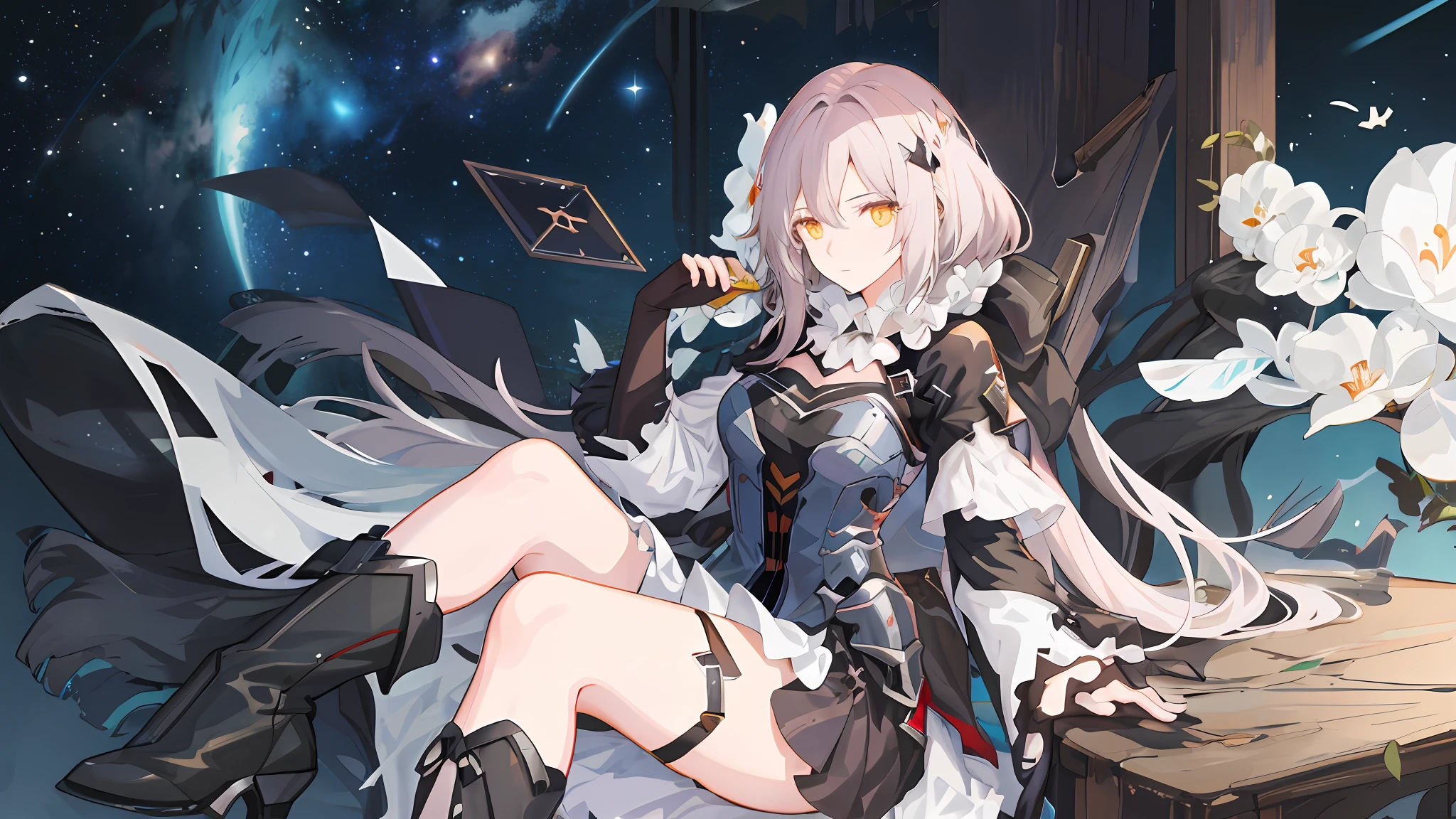 Anime girl long hair, from the night of the ark, fine details. (1girl:1.5+female_character:0.8+sit:1.2+rubble+Arknight, Girls' Frontline: 1.2, highly detailed), (Arknight: 1.2, Girls' Frontline: 1.2, feminine aesthetic), style shadow universe, scene in the universe (outer space), Girl Front. （Artstation:0.8+Pixiv:1.2+Guweiz on Artstation）