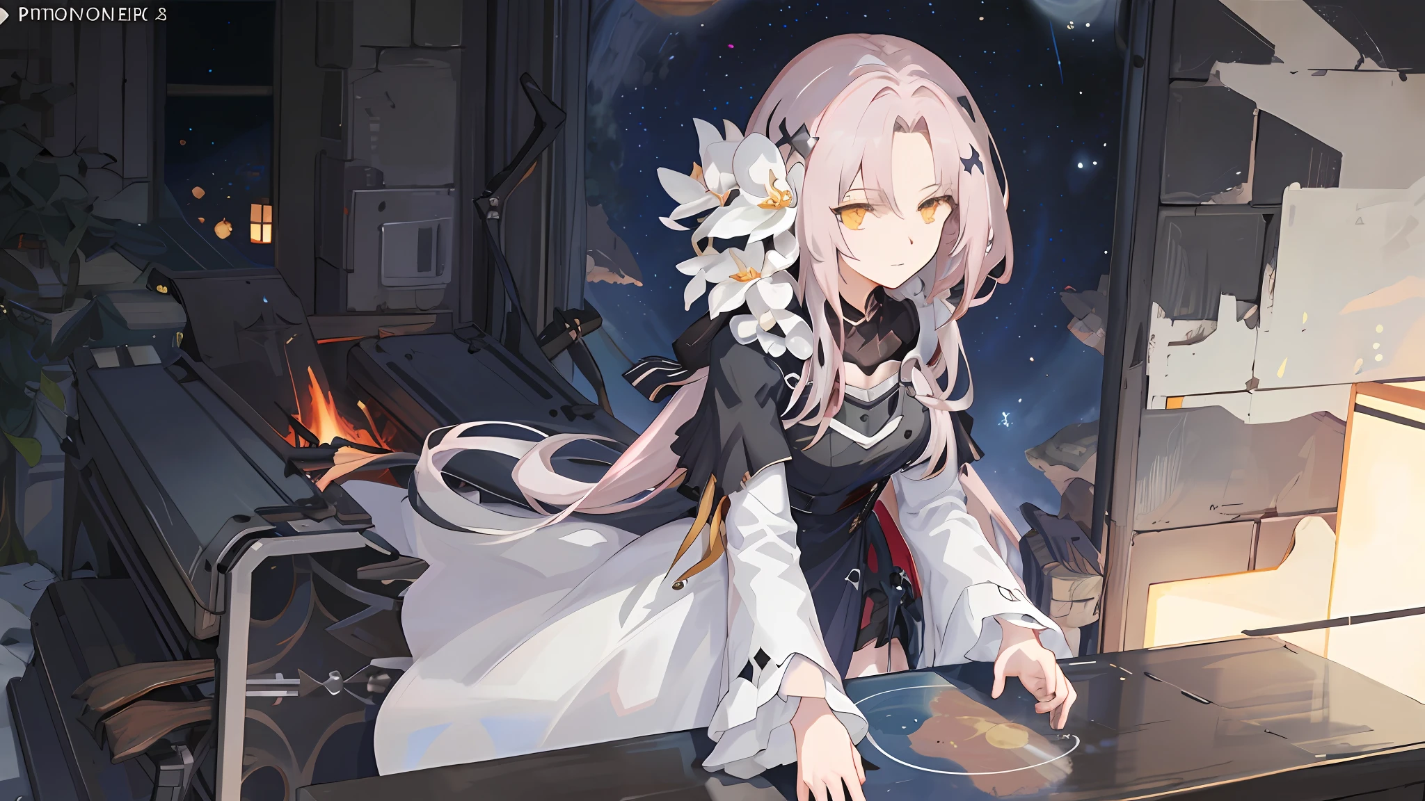 Anime girl long hair, from the night of the ark, fine details. (1girl:1.5+female_character:0.8+sit:1.2+rubble+Arknight, Girls' Frontline: 1.2, highly detailed), (Arknight: 1.2, Girls' Frontline: 1.2, feminine aesthetic), style shadow universe, scene in the universe (outer space), Girl Front. （Artstation:0.8+Pixiv:1.2+Guweiz on Artstation）
