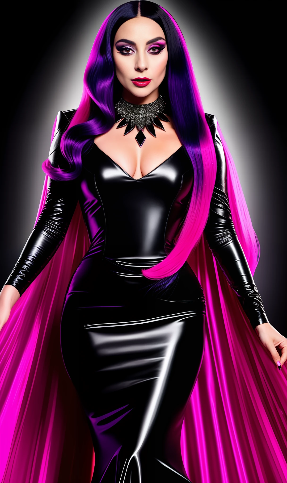Photo of lady gaga Morticia addams, 4K texture, metallic black dress with diamonds,neon,extravagant pink hair, 8k image, haute couture, flashes, high image quality,neon dress, realistic face, various body poses, full body, 8k image, sharp image,HD