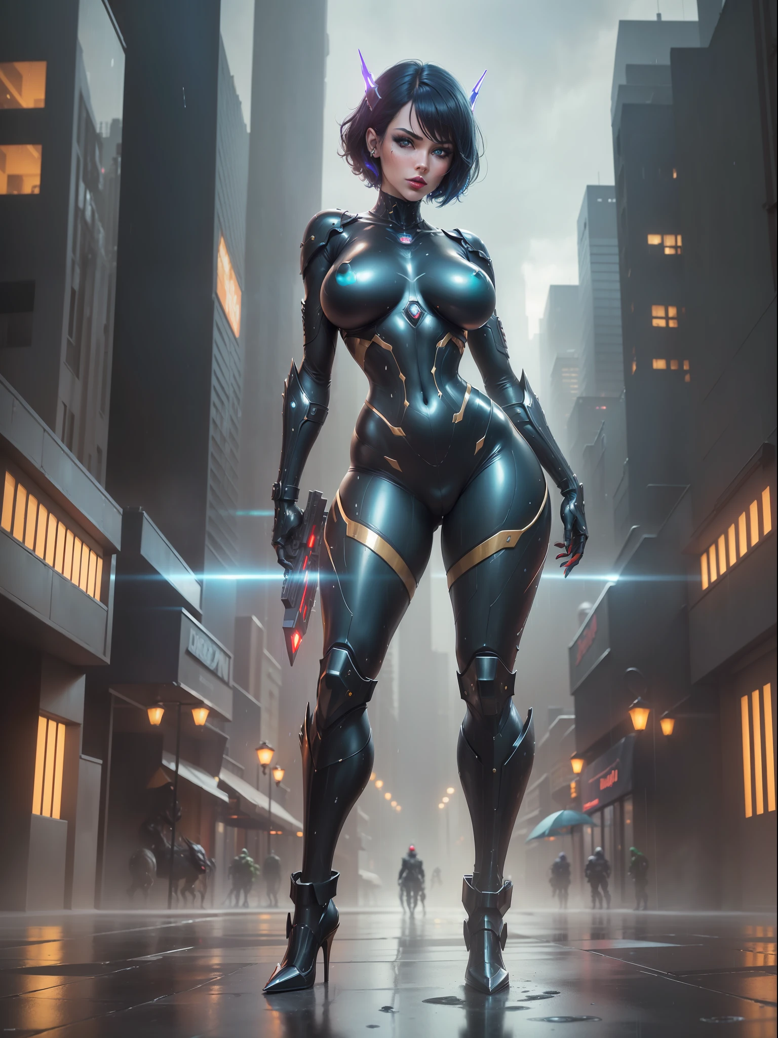 ((full body):1.5) {1/woman:wearing black wick costume with extremely tight golden parts on the body, ((has extremely large breasts), has very short blue hair very smooth, green eyes, ((looking at the viewer doing sexual poses standing):1.3), red lipstick on the mouth, holding futuristic weapons}. Background: Several Dino robot saurs in a futuristic city, it's at night, raining hard. Hyperrealism, 16k, masterpiece, anatomically correct, award winning, ((best quality, high quality):1.5), high details, UHD
