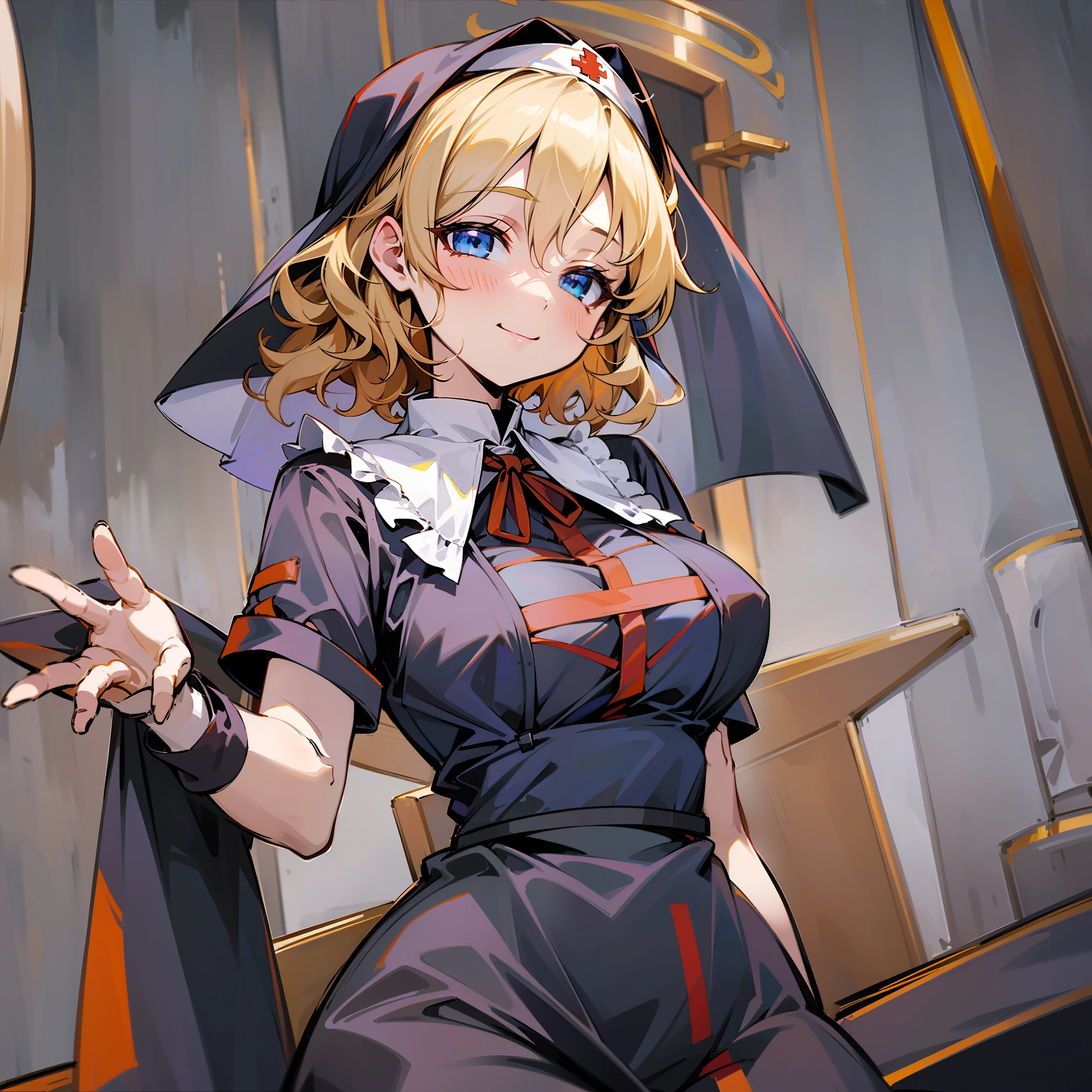 {{{Masterpiece}}}, {{{detailed}}} {{{high Resolution}}}, colorful, {{{cinematic lighting}}}, {{detailed}}, 4K, Touhou, Medicine Melancholy, blonde hair, silver-blue eyes, short hair, wavy hair, semi curly hair, ((nun:1.2)), ((alternate costume)), seductive smile, big breasts:1.2, ((character sheet:1.2)), smile:1, (prayer hand:1.2),