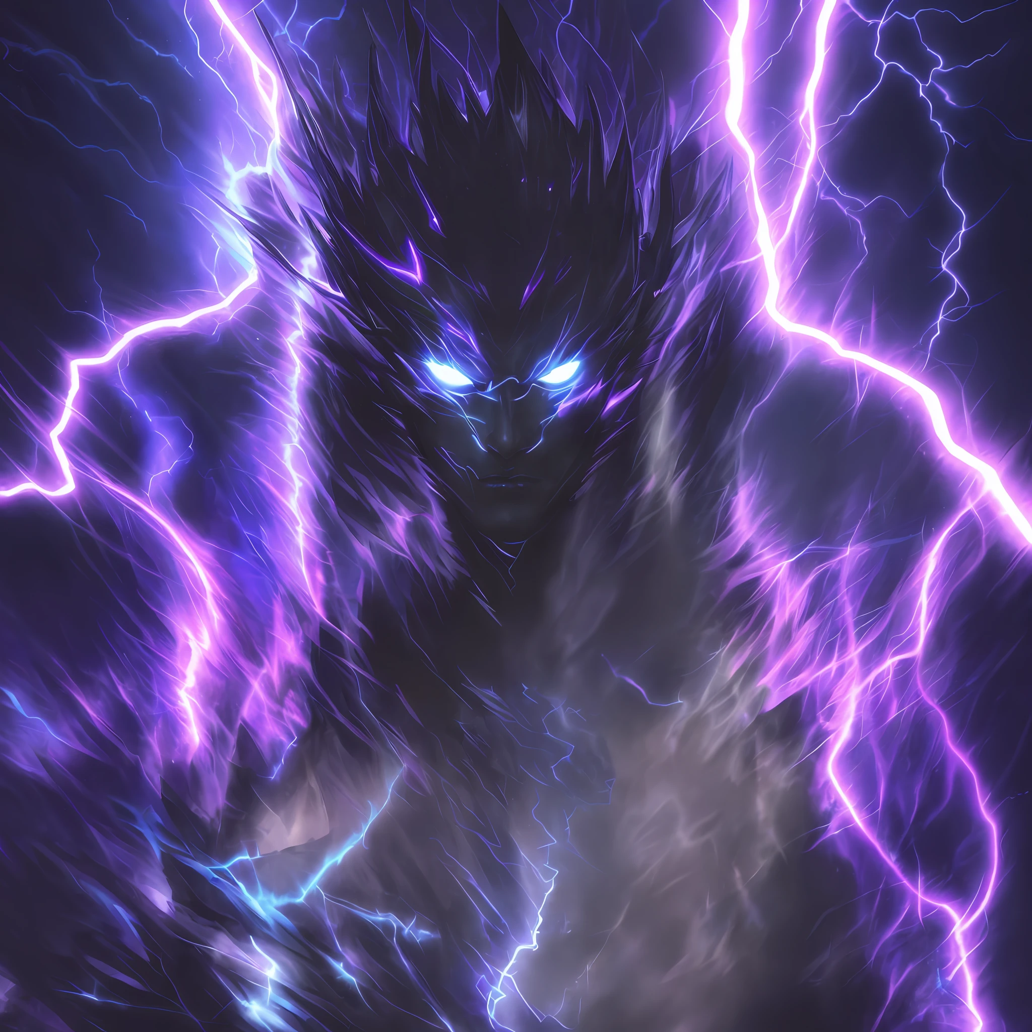 a close-up of a person with a purple and blue background full of lightning, glowing black aura, evil aura, 8k anime, an epic anime of a being with lightning powers, epic anime style, menacing aura, aura of darkness, evolving into his final form, glowing power aura, cosmic power glowing and flourishing, many lightning bolts surrounding the character