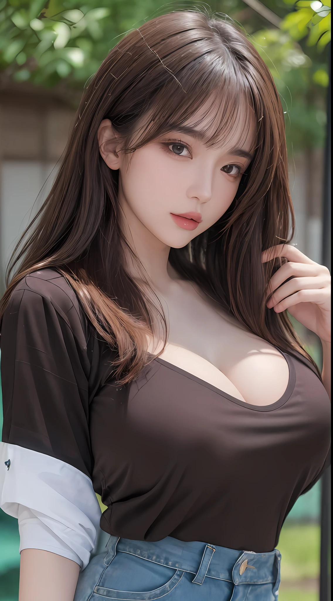 ((top quality, 8k, masterpiece: 1.3)), sensual woman, 1 girl, (slender figure: 1.2), dark brown hair, (outdoor, shirt, shorts: 1.1), ultra detailed face, detailed lips, detailed eyes, double eyelids, (huge breasts: 1.2)