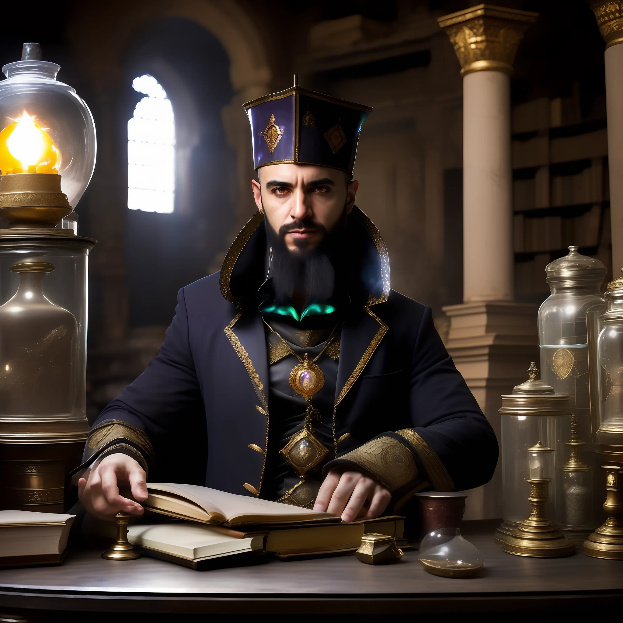 ((masterpiece 1.2)), high details, male alchemist, jeweled alchemist costume, frontal look, black hair and beard, set in abandoned temple, tables with glass jars, various designs on tables, books, smoke, 50mm lens, (4K), cinema, dramatic lighting, deep shadows, (intense HDR), canon, fire lighting, light reflections, texturing