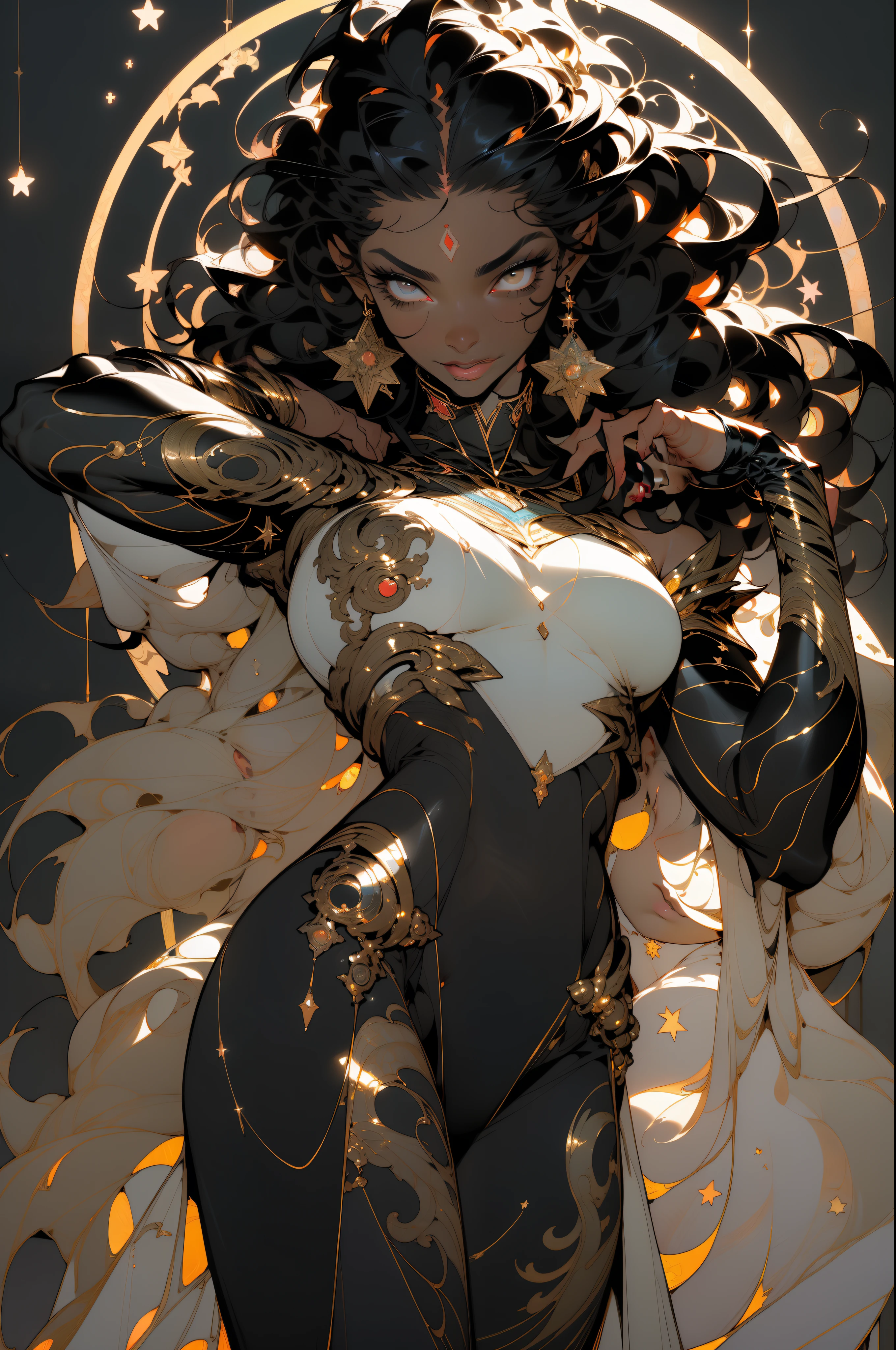 ((Best quality)), ((masterpiece)), (detailed: 1.4), (Absurd), muscular woman of 35 years, black kinetic skin with (((exposed black muscles)))), hot woman, sculptural body with defined muscles, closed mouth, muscular body covered by a micro thong, whole body covered by Genesis evangelion neon style clothing, (((large breasts)), (eyes with heavy and very black makeup), (((unkempt hair)), (stars covering the body), ((drawings of golden stars on the arms)), very long eyelashes, heavy eye makeup, lots of jewelry, by mucha, niji --V5, close to real, psychopath, crazy face, sexy pose, 2 piece clothes, pastel, centered, scale to fit the dimensions