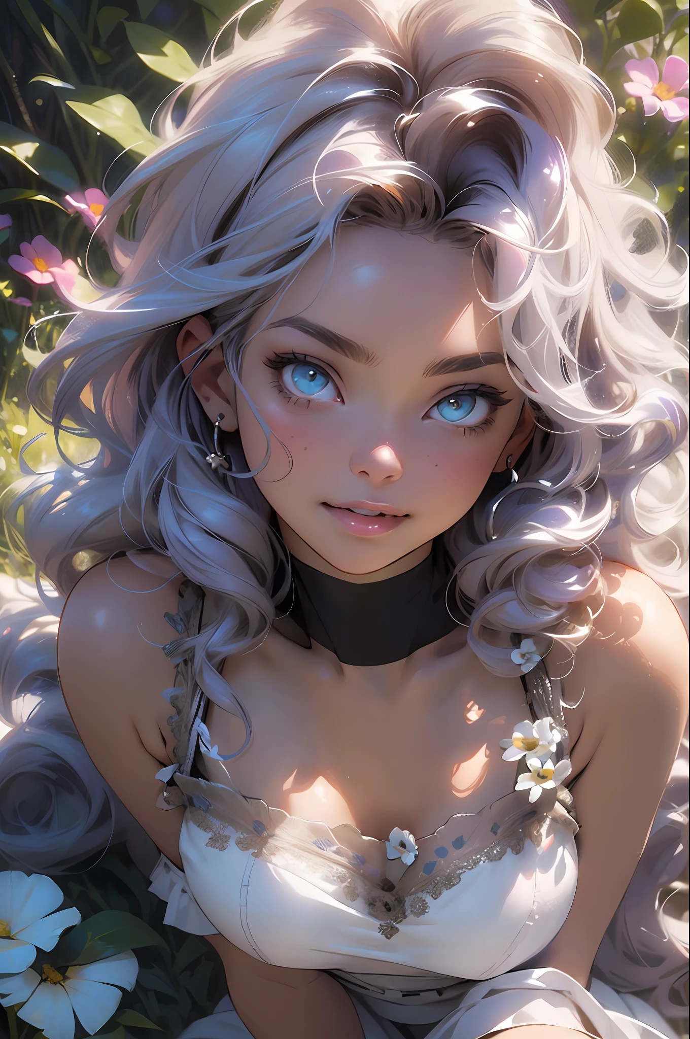 melancholy lighting, quiet, calm, brightness, masterpiece, best quality, 1girl, (JinxLol:1.2), (ultra photorealistic:1.3), (masterpiece:1.4), best quality, ((realistic)), high quality, ultra detailed, ((Real image)), ((realistic skin)), ((realistic face)),(illustration:1.05), (beautiful:1.05), (beautiful detailed eyes:1.05), (cinematic light:1.1), Full body, precise proportions, 18-year-old girl, skinny model lying on the grass, surrounding garden,  tree shadow, lilac hair fluttering in the wind, tulle, long legs, feet slightly open, buttocks, blush, shyness, collarbone, abdominals, double weave, beautiful and delicate face, fair skin, real skin, (face detail), pores, super high resolution, 8k, parameters Best quality, masterpiece, super high resolution, (Realistic 2.0), More details, detailed skin, TRANSPARENT PANTIES, wide smile, white teeth, voluminous curly hair,  perfect and well designed eyes, girlfriend, beautiful, beautiful, flowers, studio lighting