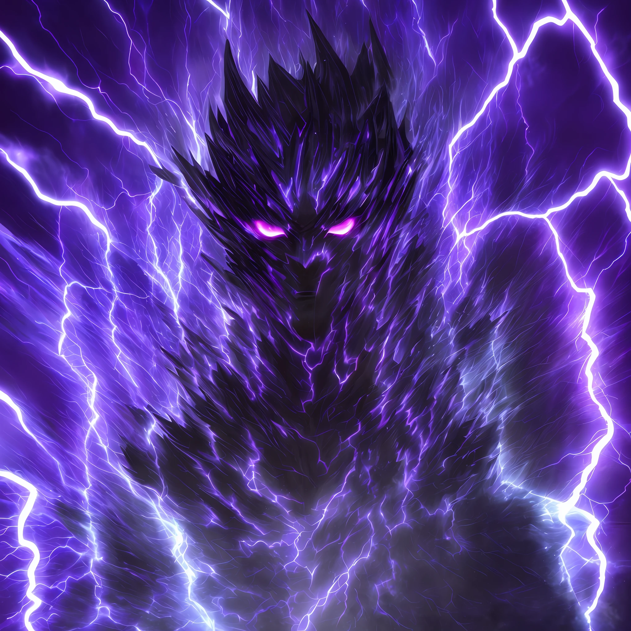 a close-up of a person with a purple and blue background full of lightning, glowing black aura, evil aura, 8k anime, an epic anime of a being with lightning powers, epic anime style, menacing aura, aura of darkness, evolving into his final form, glowing power aura, cosmic power glowing and flourishing, many lightning bolts surrounding the character