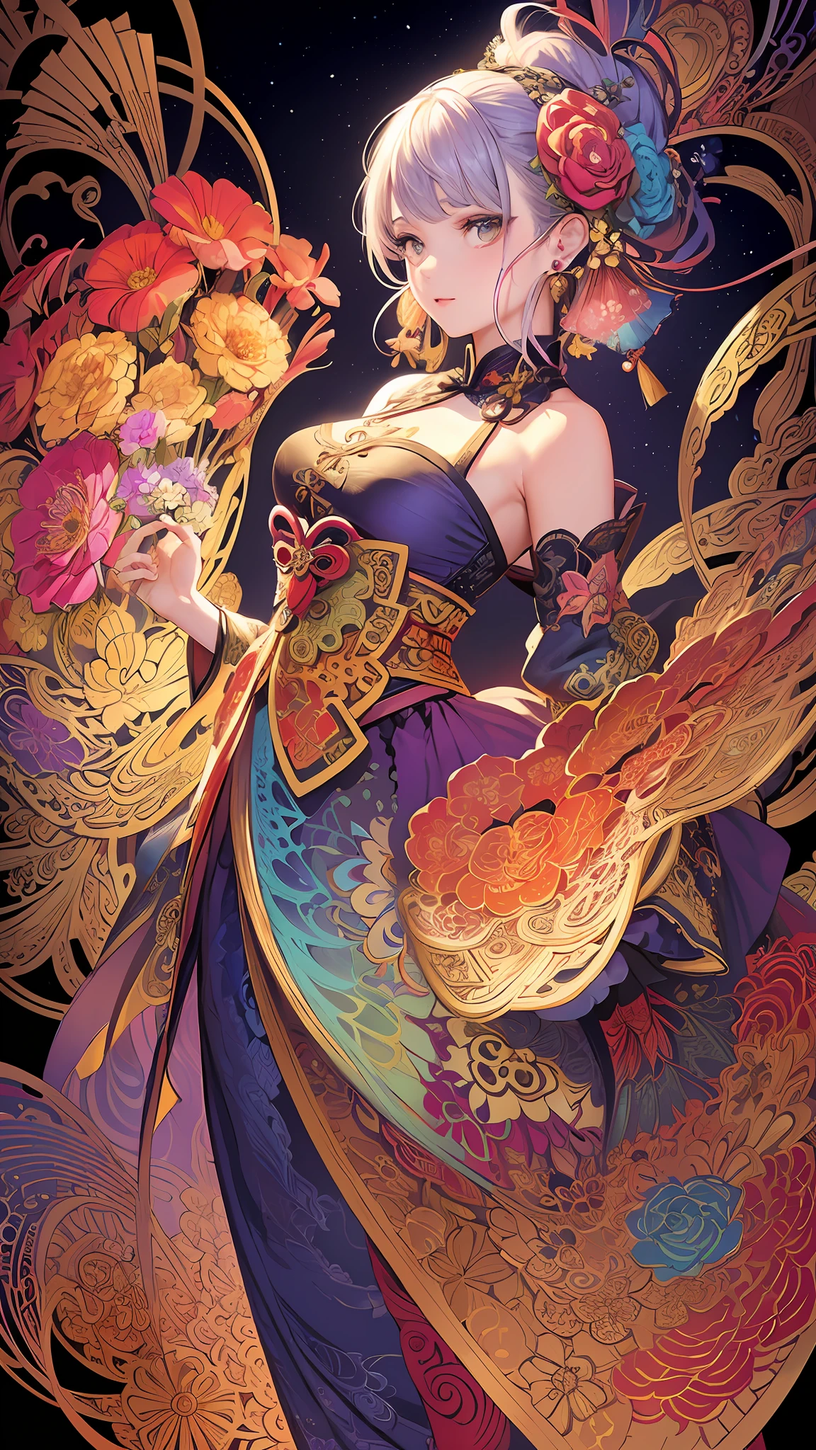 (masterpiece, top quality, best quality, official art, beautiful and aesthetic:1.2), (1girl:1.3), extremely detailed,(fractal art:1.1),(colorful:1.1)(flowers:1.3),highest detailed,(zentangle:1.2), (dynamic pose), (abstract background:1.3), (chinese Traditional cloth:1.2), (shiny skin), (many colors:1.4), ,(earrings:1.4),