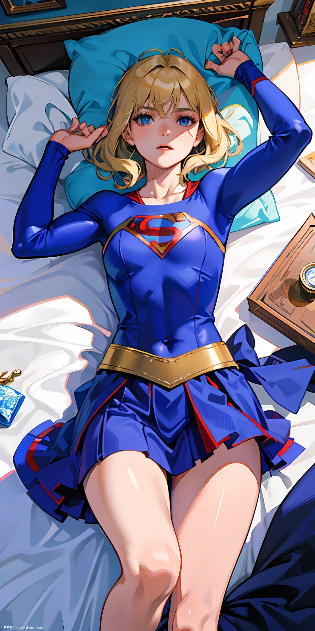 supergirl masterpiece, top quality, high resolution, solo, small, indoor, transparent, scruffy bra, t-back side tie, lying down, from above, open arms, anger, bed, shaggy underwear, rough breath, blonde, blue eyes, superman symbol, sexual expression