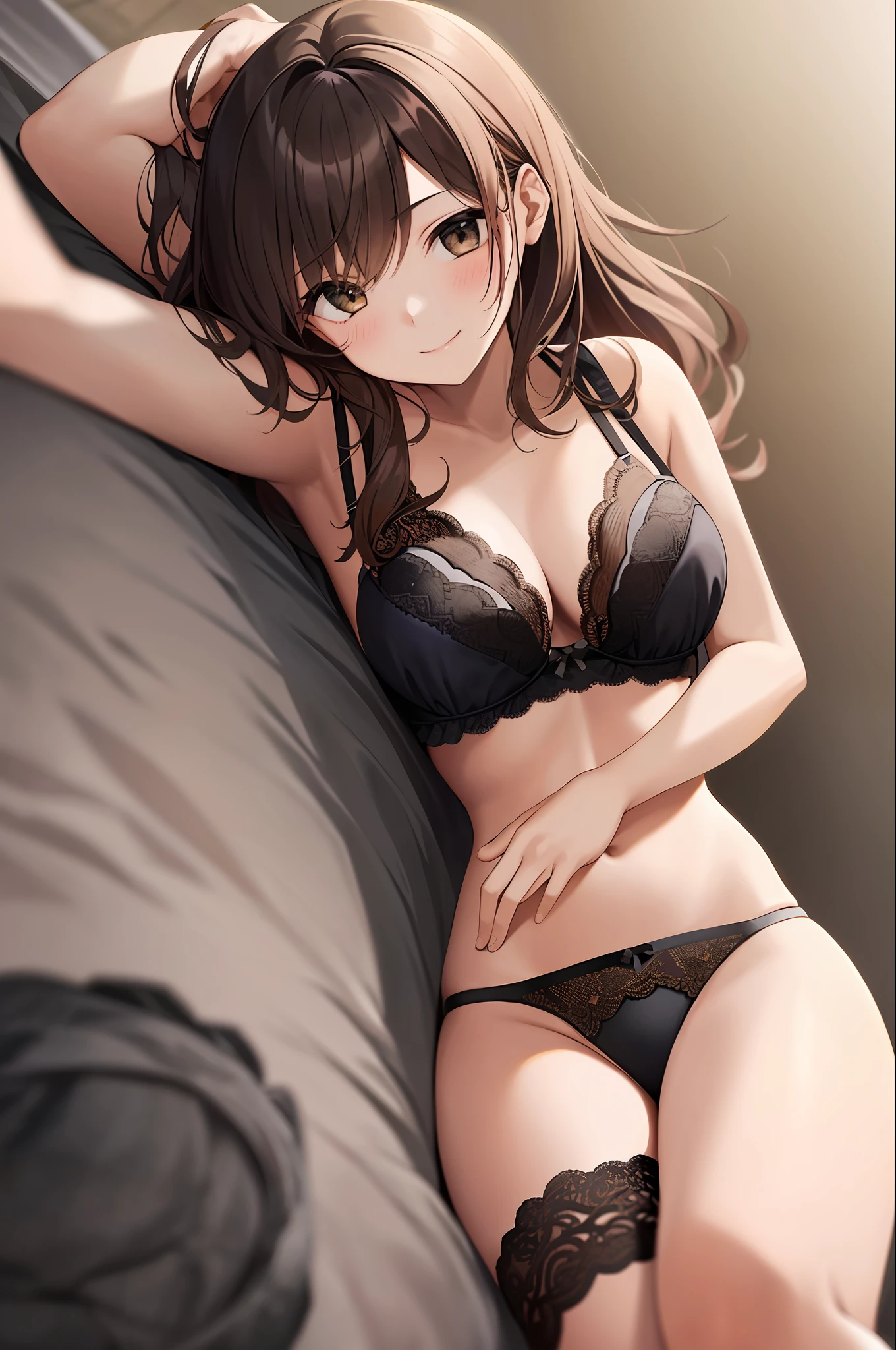 1 girl, solo , lacy bra , lacy panties, legwear, brown hair , smile , on hand on tha hips, lying down