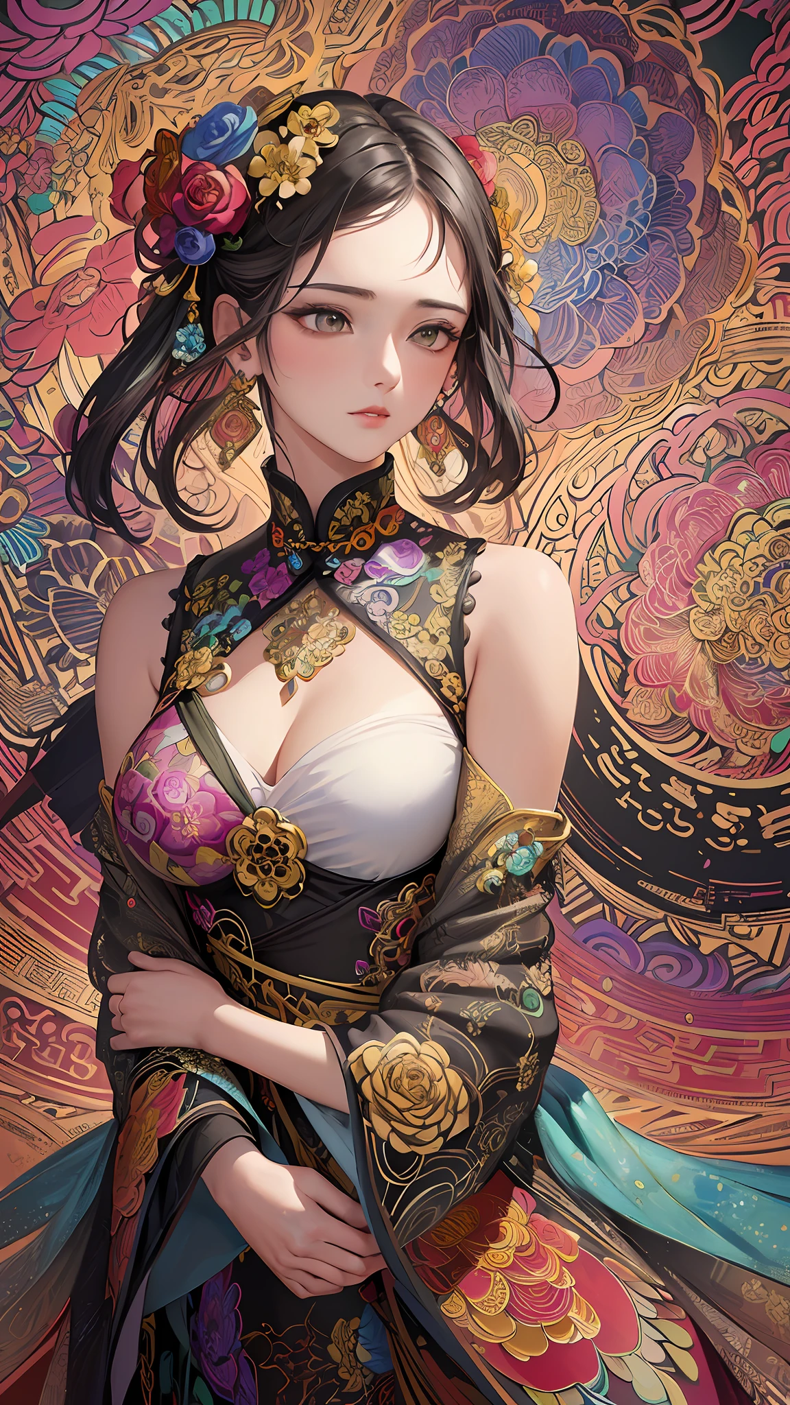(masterpiece, top quality, best quality, official art, beautiful and aesthetic:1.2), (1girl:1.3), extremely detailed,(fractal art:1.1),(colorful:1.1)(flowers:1.3),highest detailed,(zentangle:1.2), (dynamic pose), (abstract background:1.3), (chinese Traditional cloth:1.2), (shiny skin), (many colors:1.4), ,(earrings:1.4),