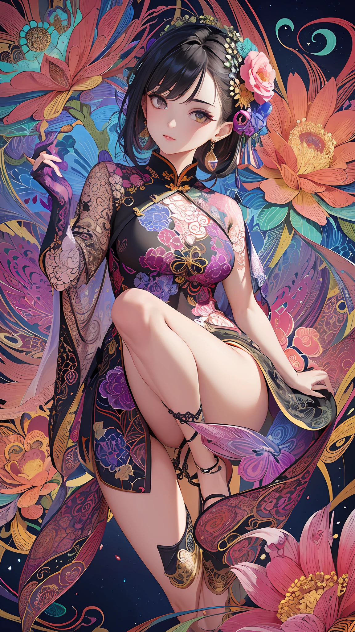 (masterpiece, top quality, best quality, official art, beautiful and aesthetic:1.2), (1girl:1.3), extremely detailed,(fractal art:1.1),(colorful:1.1)(flowers:1.3),highest detailed,(zentangle:1.2), (dynamic pose), (abstract background:1.3), (chinese Traditional cloth:1.2), (shiny skin), (many colors:1.4), ,(earrings:1.4),