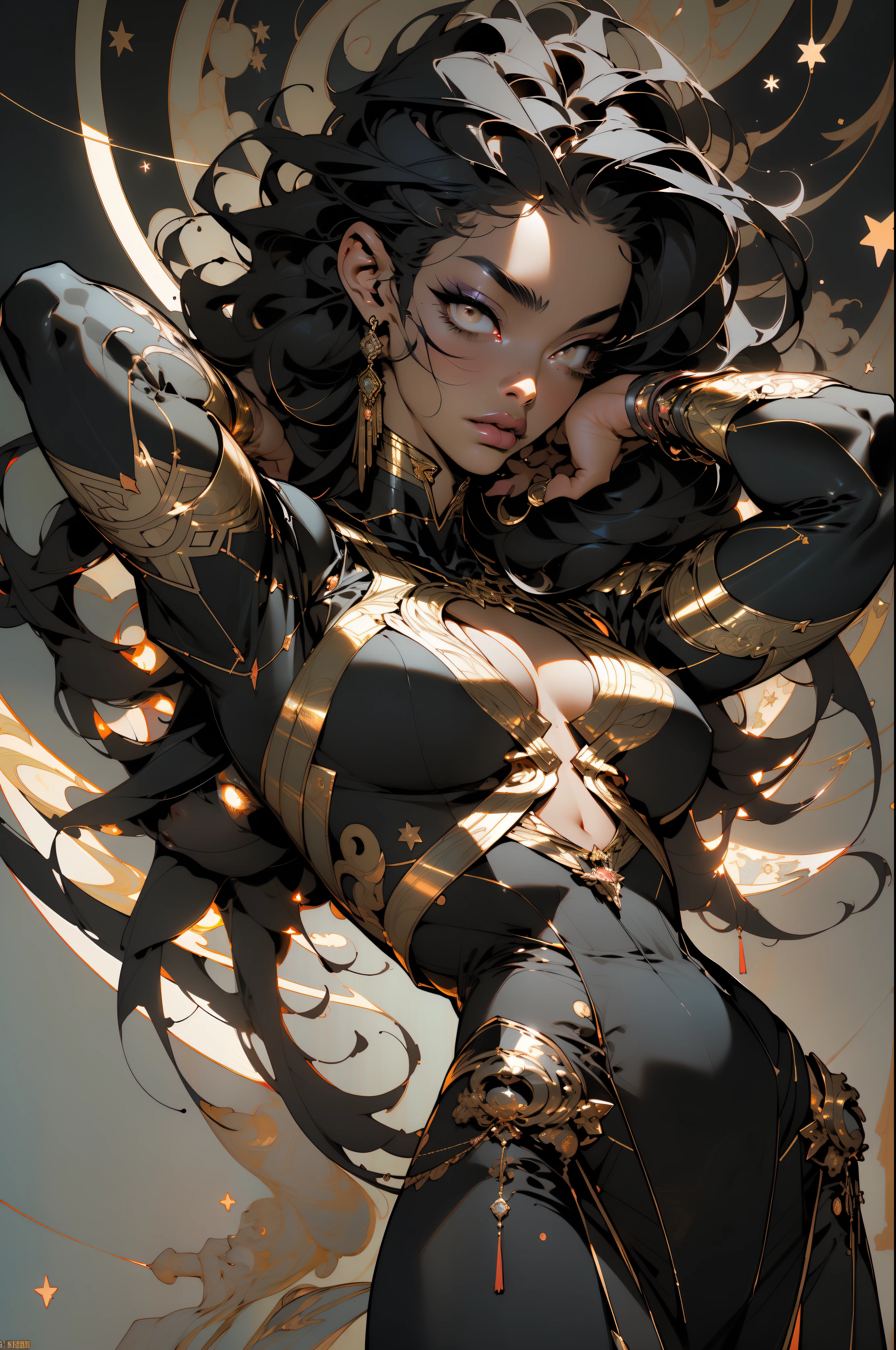 ((Best quality)), ((masterpiece)), (detailed: 1.4), (Absurd), muscular woman of 35 years, black kinetic skin with (((exposed black muscles)))), hot woman, sculptural body with defined muscles, closed mouth, muscular body covered by a micro thong, whole body covered by Genesis evangelion neon style clothing, (((large breasts)), (eyes with heavy and very black makeup), (((unkempt hair)), (stars covering the body), ((drawings of golden stars on the arms)), very long eyelashes, heavy eye makeup, lots of jewelry, by mucha, niji --V5, close to real, psychopath, crazy face, sexy pose, 2 piece clothes, pastel, centered, scale to fit the dimensions
