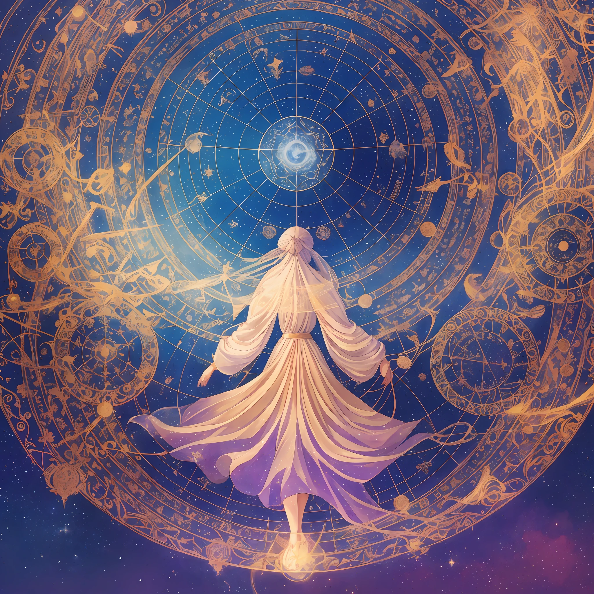 An enchanting artwork that serves as a visual representation of an online astrology course. The artwork depicts a mystical scene, with an astrologer consulting an ancient celestial map while surrounded by celestial beings and cosmic energy. The artwork captures the essence of astrology, creating a sense of wonder and curiosity, and inviting viewers to delve into the mysteries of the stars and planets through the online course, Artwork, digital painting, --ar 16:9 --v 5 --auto --s2