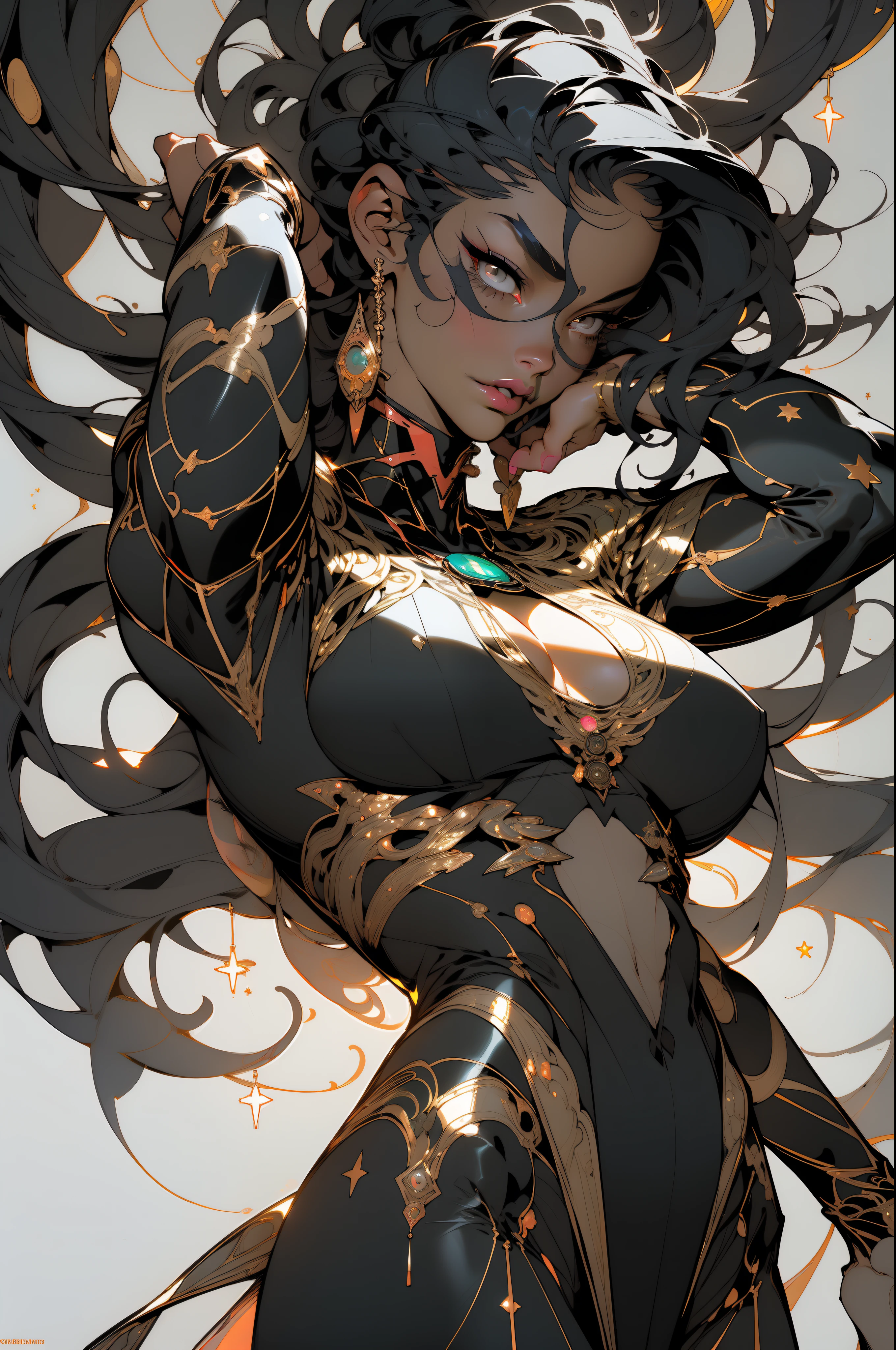 ((Best quality)), ((masterpiece)), (detailed: 1.4), (Absurd), muscular woman of 35 years, black kinetic skin with (((exposed black muscles)))), hot woman, sculptural body with defined muscles, closed mouth, muscular body covered by a micro thong, whole body covered by neon Genesis evangelion style clothing, (((large breasts)), (eyes with heavy and very black makeup), (((misaligned white hair)), (stars covering the body),  ((drawings of golden stars on the arms)), very long eyelashes, heavy eye makeup, lots of jewelry, by mucha, niji --V5, close to real, psychopath, crazy face, sexy pose, 2 piece clothes, pastel, centered, scale to fit the dimensions