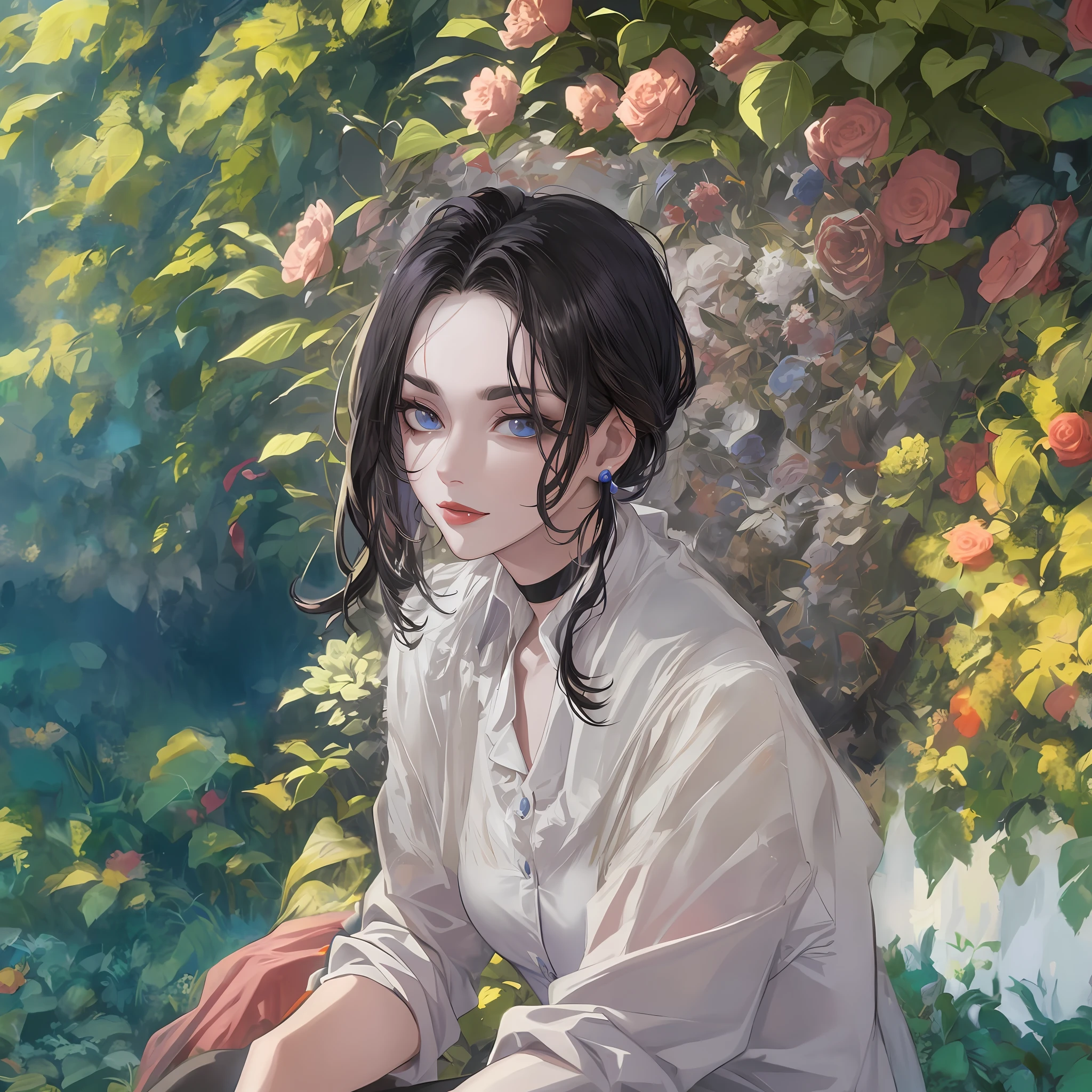 "Replace selected area with a stunning red rose garden background, high in detail and quality, best viewed in ultra high resolution CG artwork. Bring alive the essence of nature with floating petals, wind-blown leaves, vibrant colors and illuminating shadows, all captured in a dynamic angle and pose, complimented by a cloudless, blue sky. Let the radiant beauty of the rose garden become the backdrop of your creation,