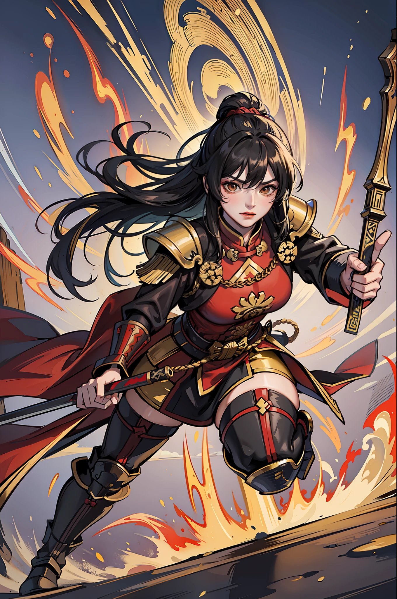 Chinese style, ancient battlefield, an ancient Chinese female general, holding a sword in her hand, grim expression, full body, amazing facial features, red robe, armor, boots, yellow sand in the sky, fleeing crowd, firelight, game model, stunning lighting, C4D, OC rendering, cinematic edge light, delicate light, masterpiece, super detailed, epic composition, super HD, high quality, highest quality, 32k