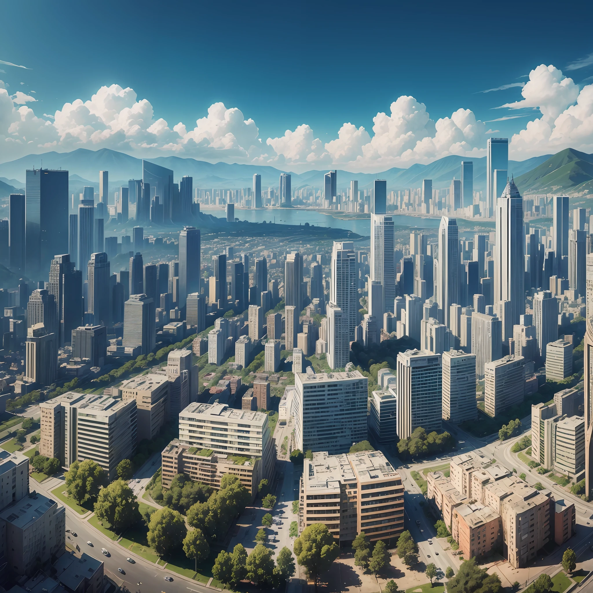 Best quality, realistic, ultra high resolution, (photorealistic:1.4), blue sky, sun, city surrounded by hills, many trees around the city, prian city, apocalyptic city, zombies, many zombies, realistic. --auto --s2