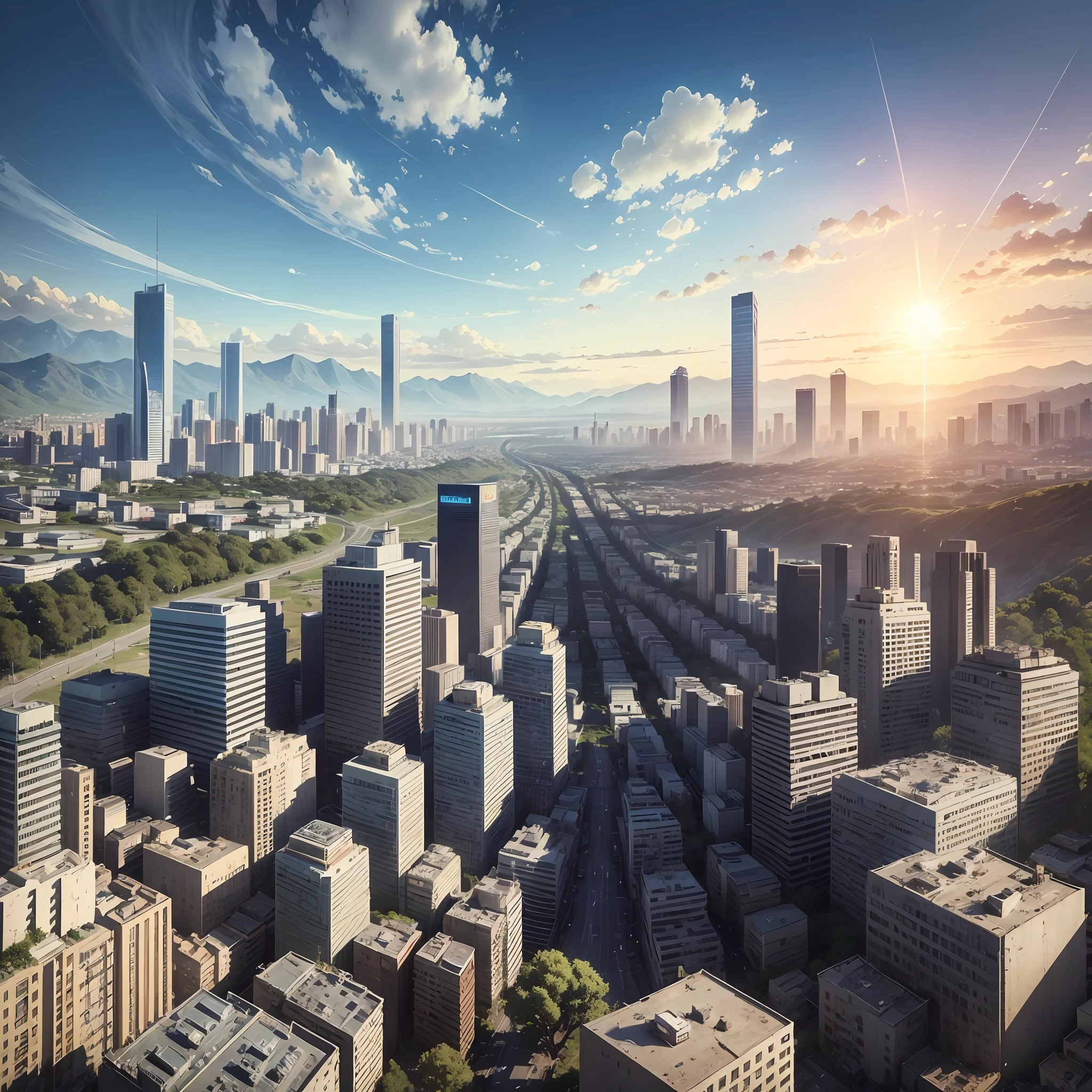 Best quality, realistic, ultra high resolution, (photorealistic:1.4), blue sky, sun, city surrounded by hills, many trees around the city, prian city, apocalyptic city, zombies, many zombies, realistic. --auto --s2