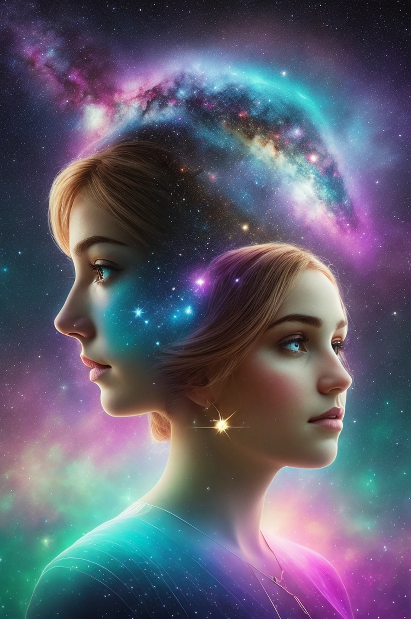 A cosmic double exposure image combining a starry sky with a portrait of a person, created using Pixar 3D, inspired by the work of artist Elsa Chang. The scene features a person standing in a field at night, gazing up at the stars above them, while their double exposure is a galaxy with colorful nebulas. The color temperature is cool with a blueish hue, and the atmosphere is dreamy and surreal. The person's expression is one of wonder and amazement. The lighting is soft, casting a gentle glow on the person and the surroundings. --v 5 --stylize 1000