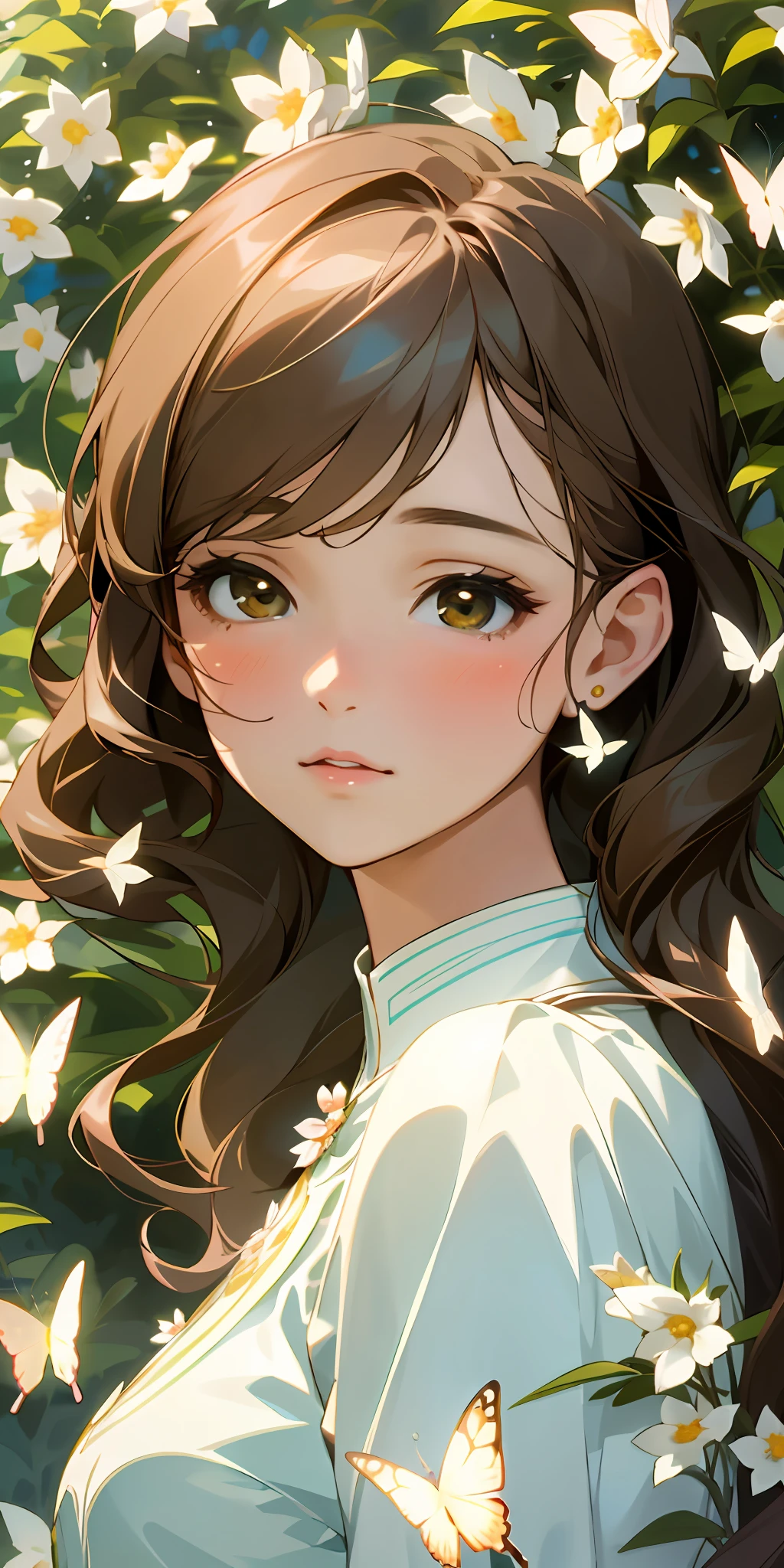 (best quality, masterpiece, ultra-realistic), portrait of 1 beautiful and delicate girl, with a soft and peaceful expression, the background scenery is a garden with flowering bushes and butterflies flying around.