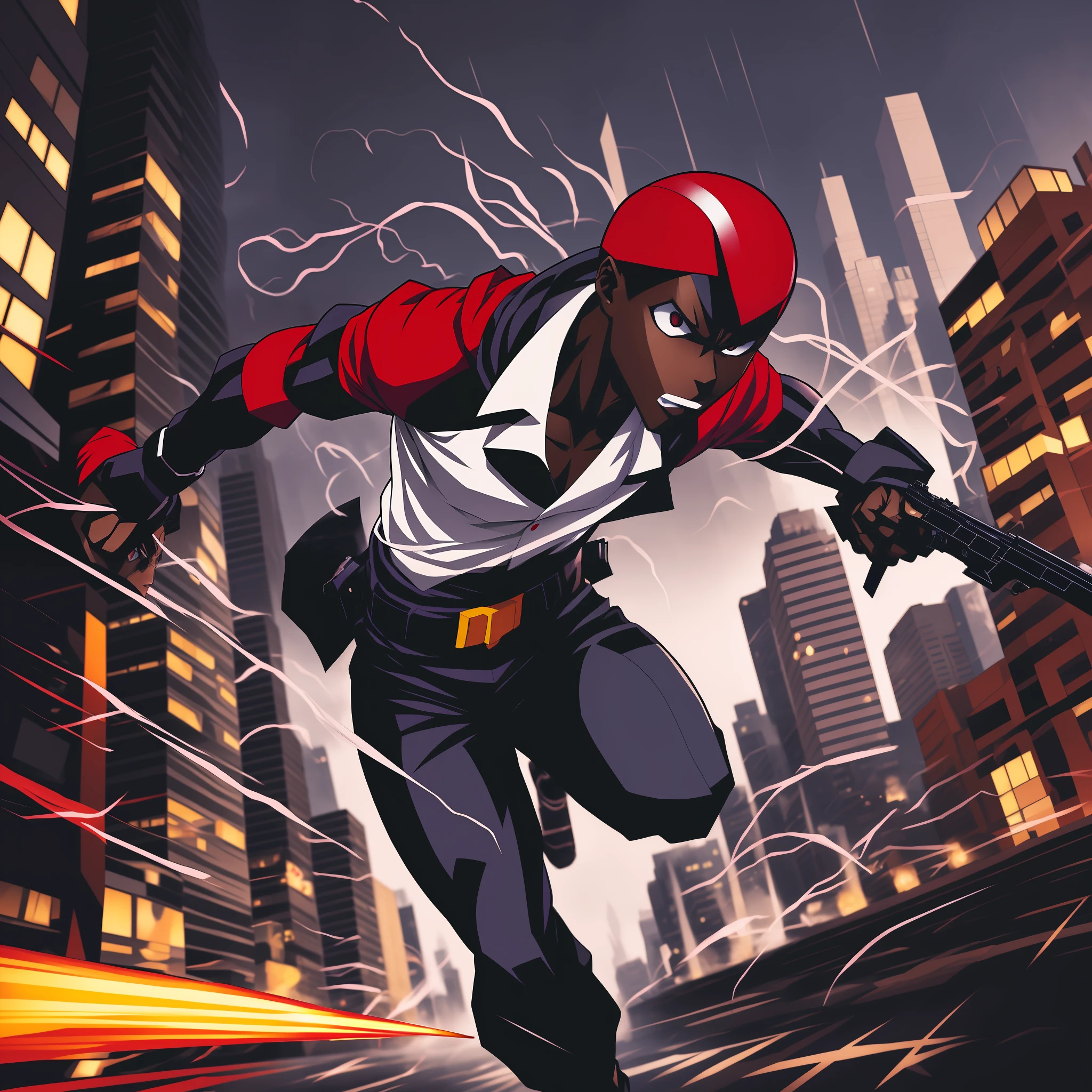 (best quality, masterpiece) anime negro fanart, a dynamic anime-styled illustration of a dark-skinned character that captures their unique personality and attitude, (1person), striking white eyes, (black hair+white hair:1.2+red hair:0.8), (floating+action, holding a weapon), urban cityscape, dramatic lighting, (blurry background,foggy), high resolution and detail.