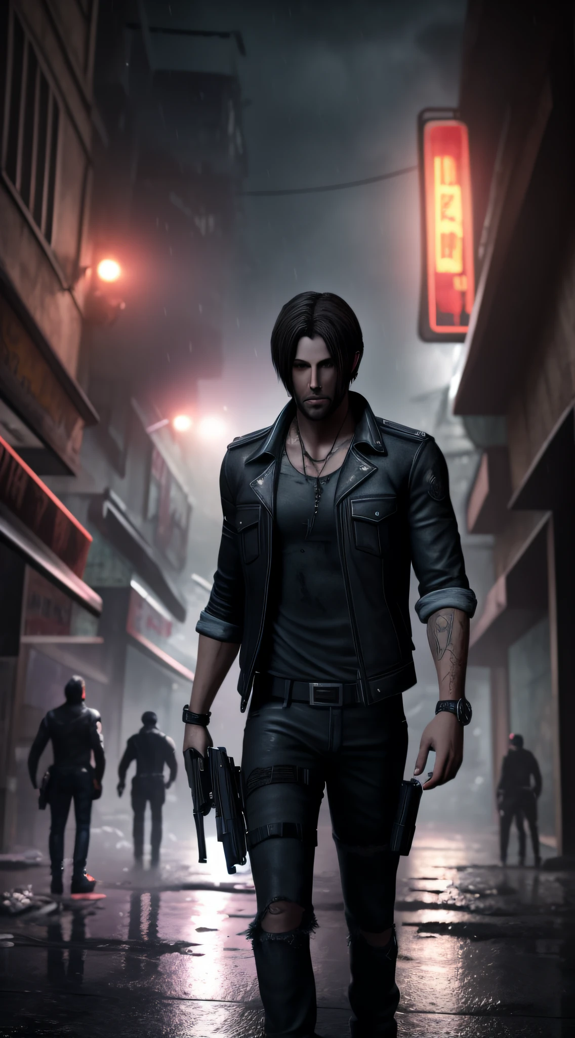 character Leon resident evil, with black leather coat, ripped jeans, walking armed, with black hair scattered and wet, ((full body)),((perfect face)), dark place in city center of raccon city of night destroyed with zombies in the background, Social realism, Realism, ray tracing, reflection light, high quality, high details, super detail, 8k, 16k, best quality