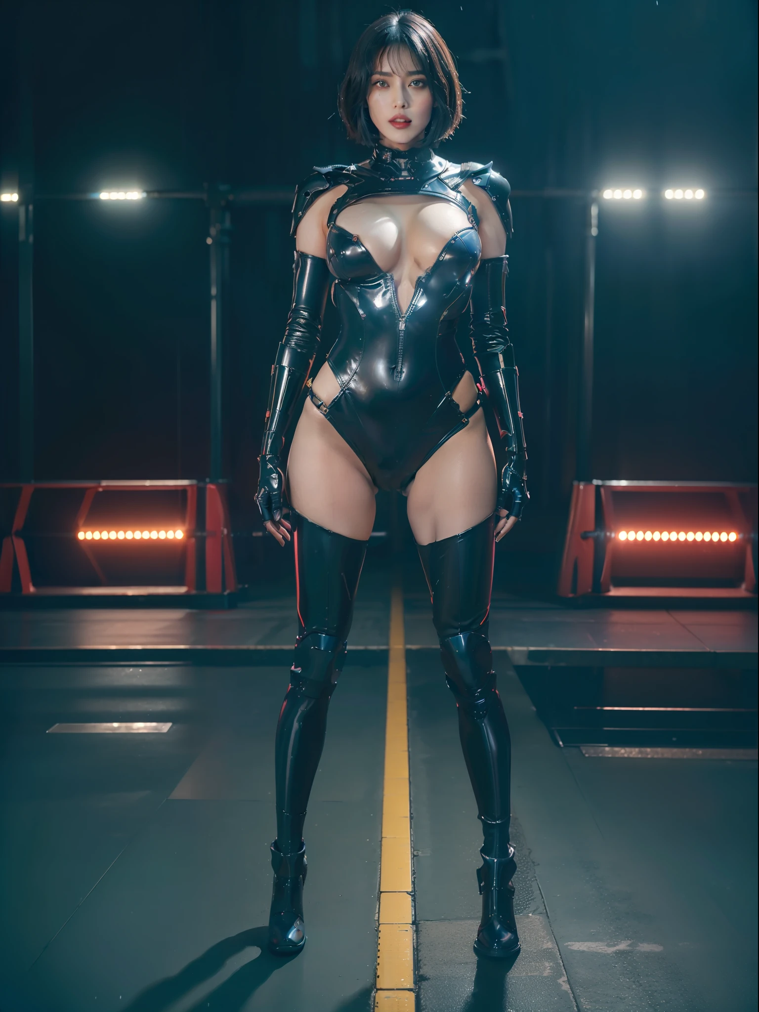 ((full body):1.5) {1/woman:wearing black wick costume with extremely tight golden parts on the body, ((has extremely large breasts), has very short blue hair very smooth, green eyes, ((looking at the viewer doing sexual poses standing):1.3), red lipstick on the mouth, holding futuristic weapons}.  Background: Several Dino robot saurs in a futuristic city, it's at night, raining hard. Hyperrealism, 16k, masterpiece, anatomically correct, award winning, ((best quality, high quality):1.5), high details, UHD