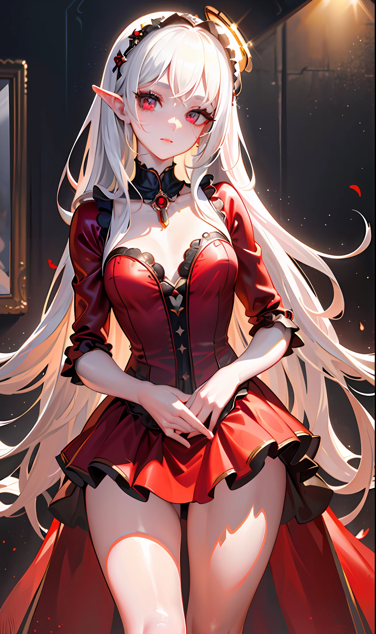 (Masterpiece, Side Light, Fine Beautiful Eyes: 1.2), (Masterpiece* Portrait), Portrait, (Bust), Realistic, 3D Face, Sweet Skin, (Solo), (Face Close-up), (Fire Opal General Scarlet Eyes), Hanging Corner of the Eye, ((High Detail Skin, Visible Pores)), (Perfect Figure), A Beautiful Girl, Small Breasts, ((Lolita Style Costume)), (Neck Ring)