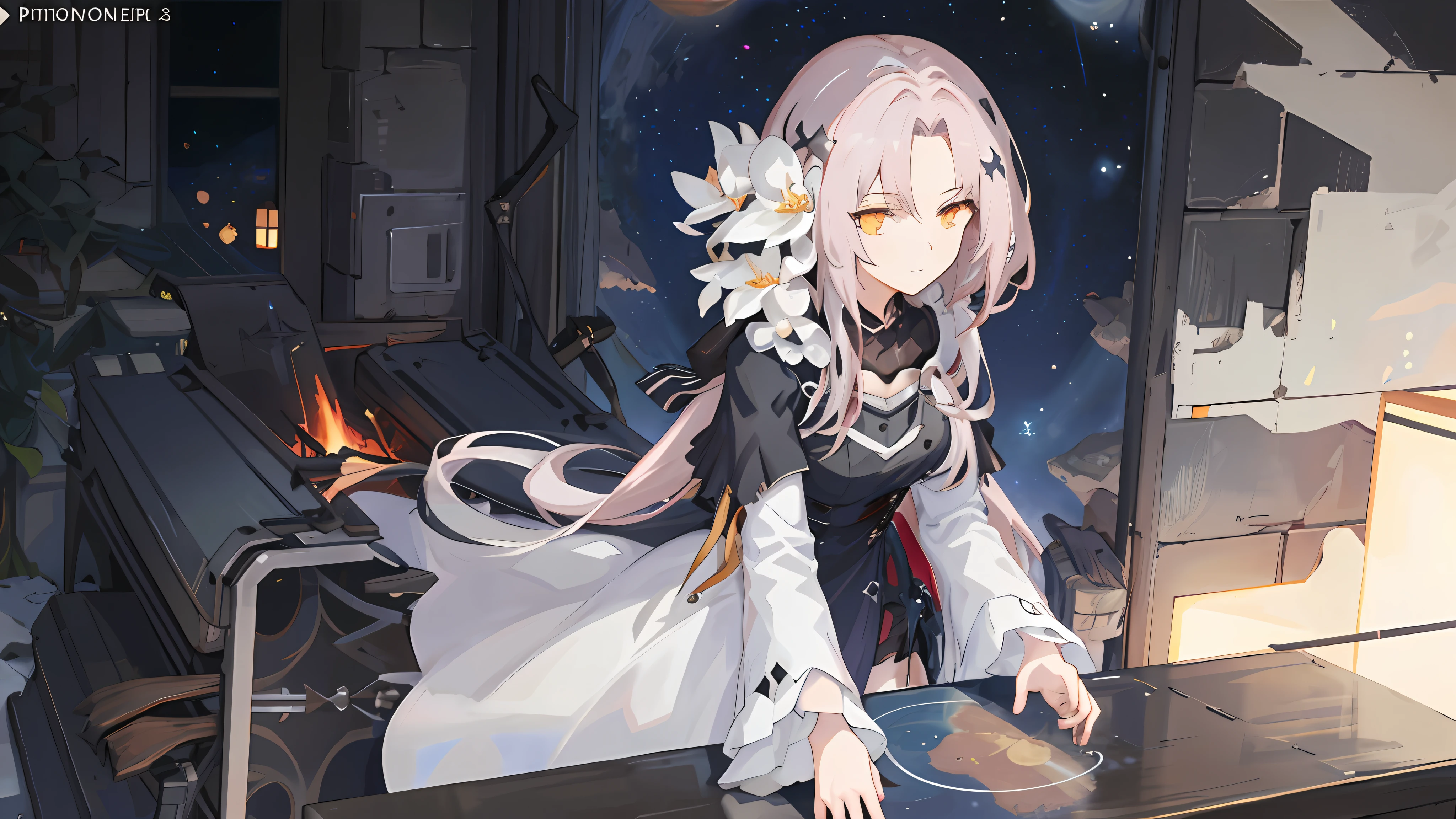 Anime girl long hair, from the night of the ark, fine details. (1girl:1.5+female_character:0.8+sit:1.2+rubble+Arknight, Girls' Frontline: 1.2, highly detailed), (Arknight: 1.2, Girls' Frontline: 1.2, feminine aesthetic), style shadow universe, scene in the universe (outer space), Girl Front. （Artstation:0.8+Pixiv:1.2+Guweiz on Artstation）
