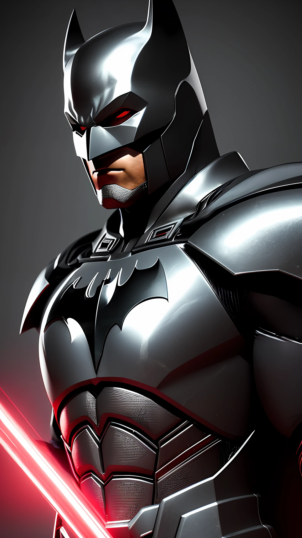 Batman, metallic armor, red eyes, photography, soft lighting, soft details, octane, trend artstation, ultra high detail, ultra realistic, cinematic, 16k