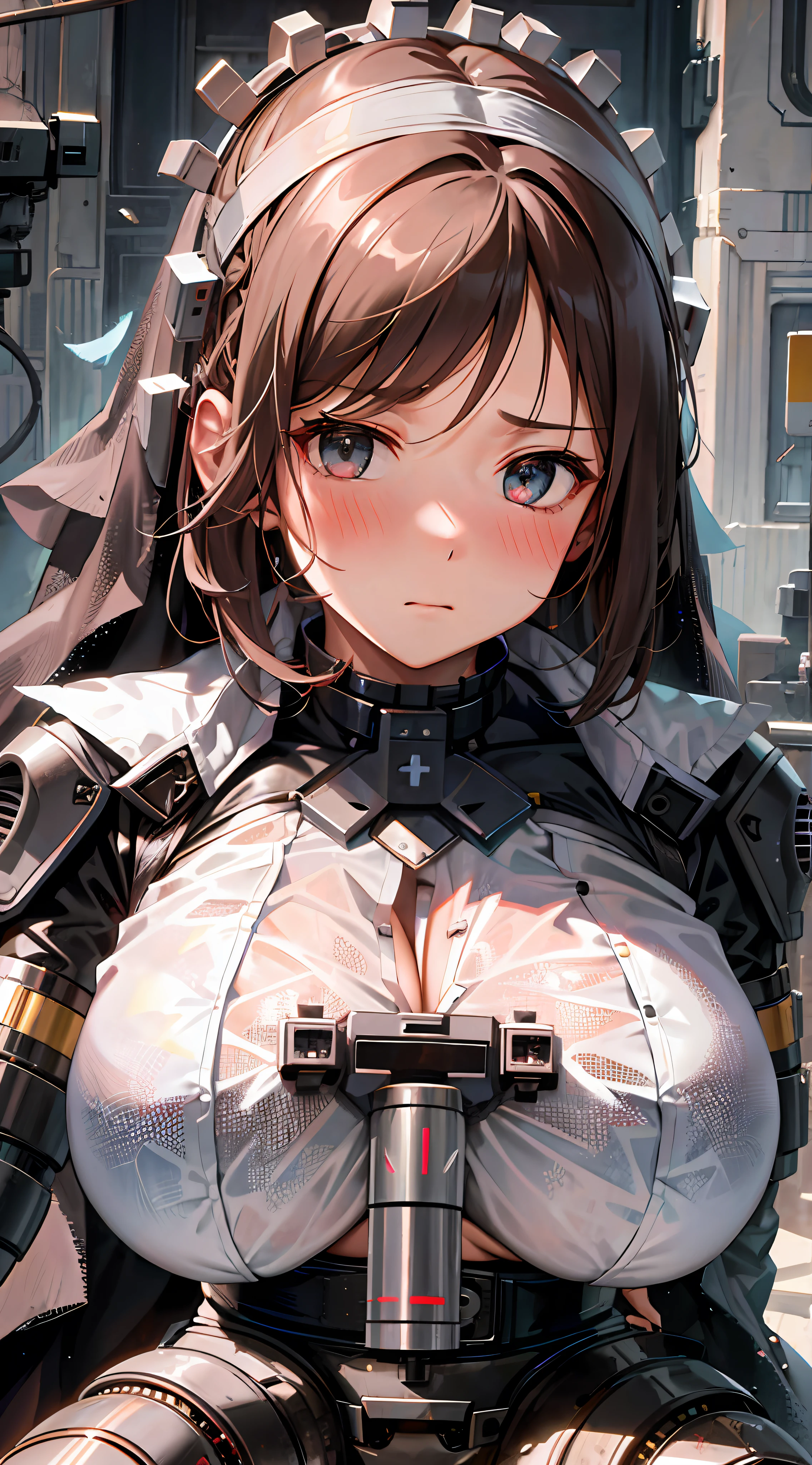 ((huge cleavage)), (open shirt), (shy expression), (blush), (nun suit), (robotic arm),