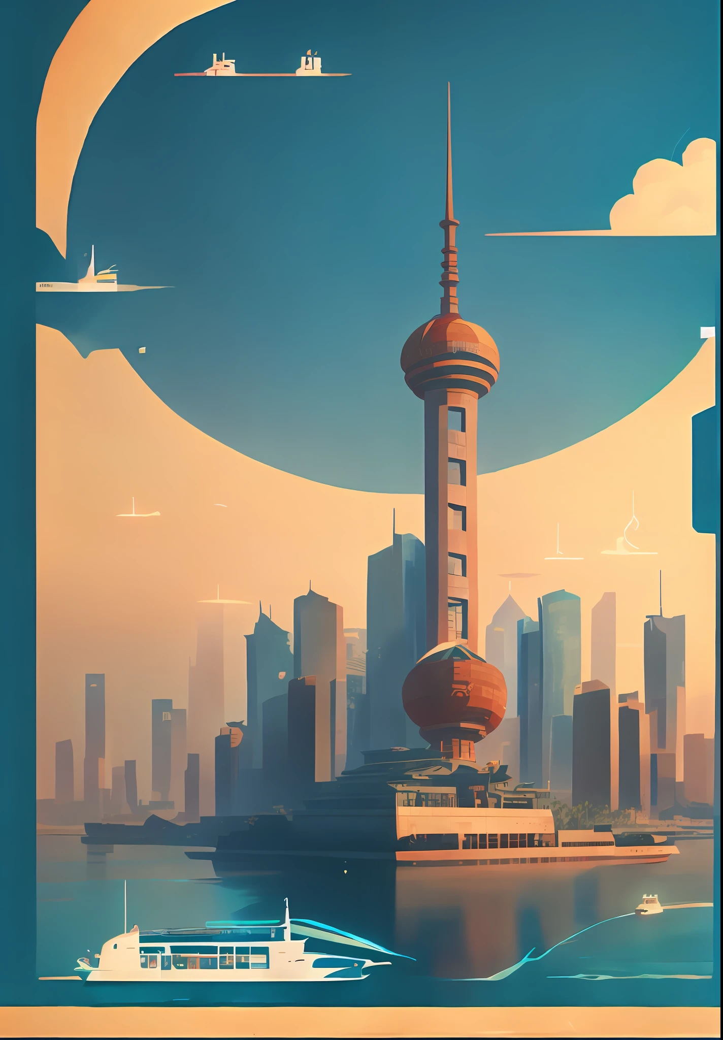 there is a picture of a poster of a city with a boat, low detailed. digital painting, stylized digital illustration, illustration matte painting, shanghai, by Li Tiefu, rossdraws global illumination, detailed 2d illustration, stunning digital illustration, digital illustration -, procreate illustration, james gilleard artwork, a beautiful artwork illustration, digital painting of a pagoda