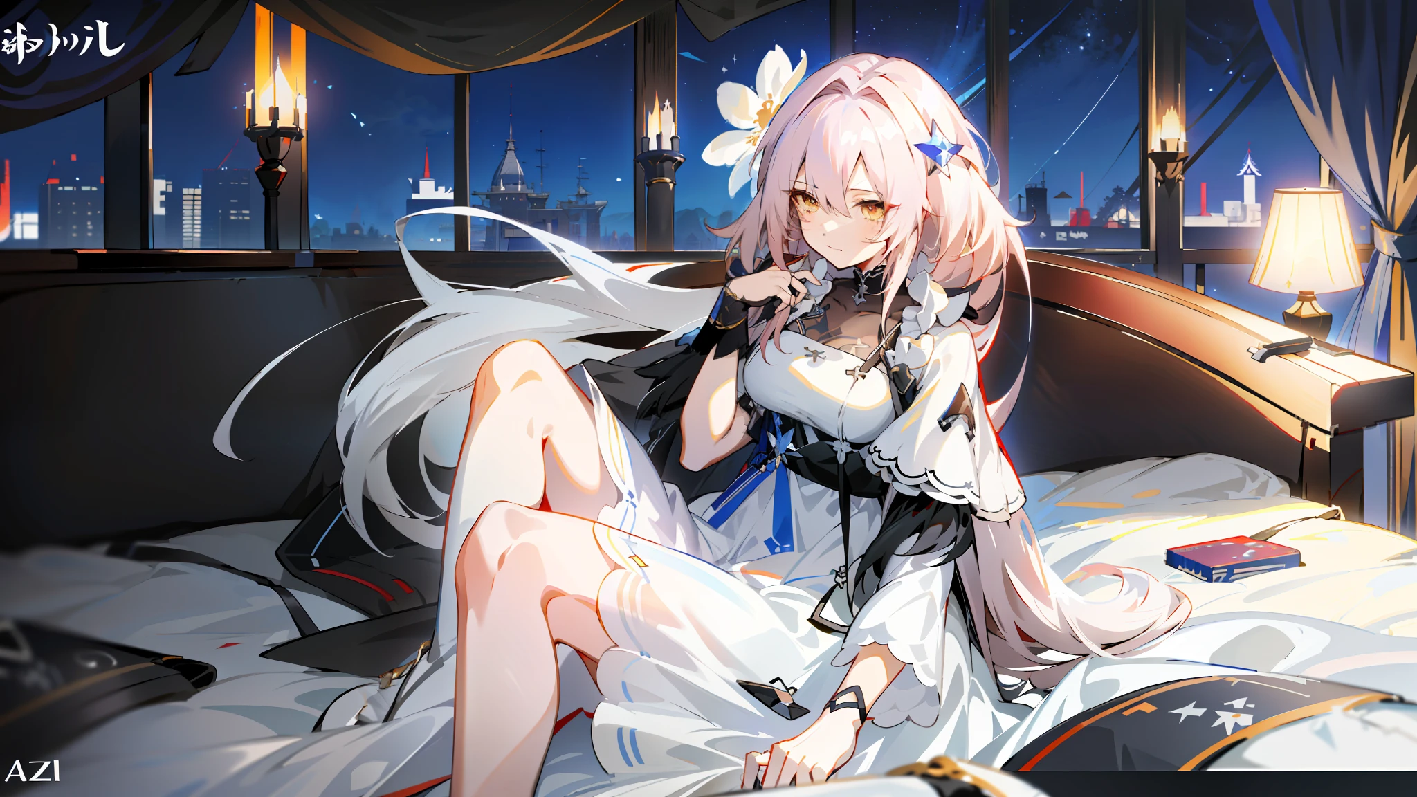 (from Azur Lane Video Game + from Arknights + Characters from Azur Lane), (Anime Girl), Long Hair, White Dress, (Sitting on the Bed), Best Anime 4k Konachan Wallpaper, Azur Lane Style, Nightcore, (Guweiz on pixiv + ArtStation), trending on ArtStation pixiv.